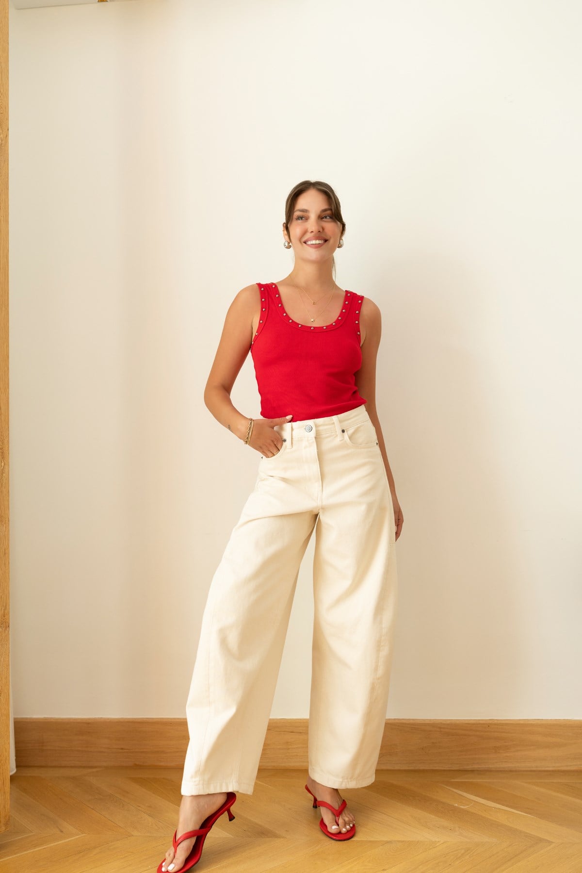 Krem Taşlamalı Slouchy Jean Pantolon