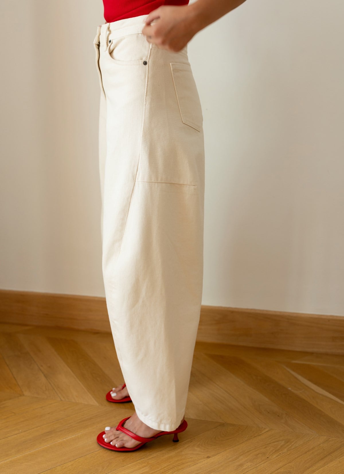Krem Taşlamalı Slouchy Jean Pantolon