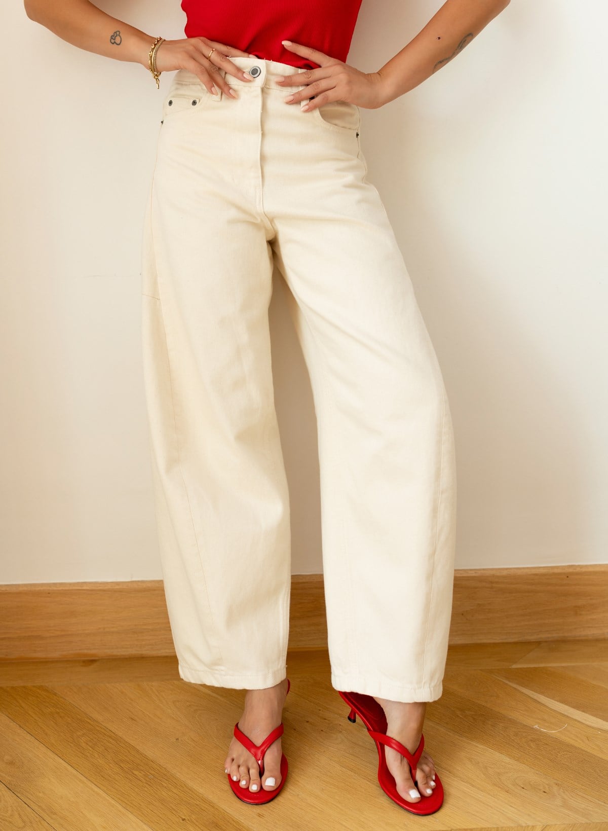 Krem Taşlamalı Slouchy Jean Pantolon