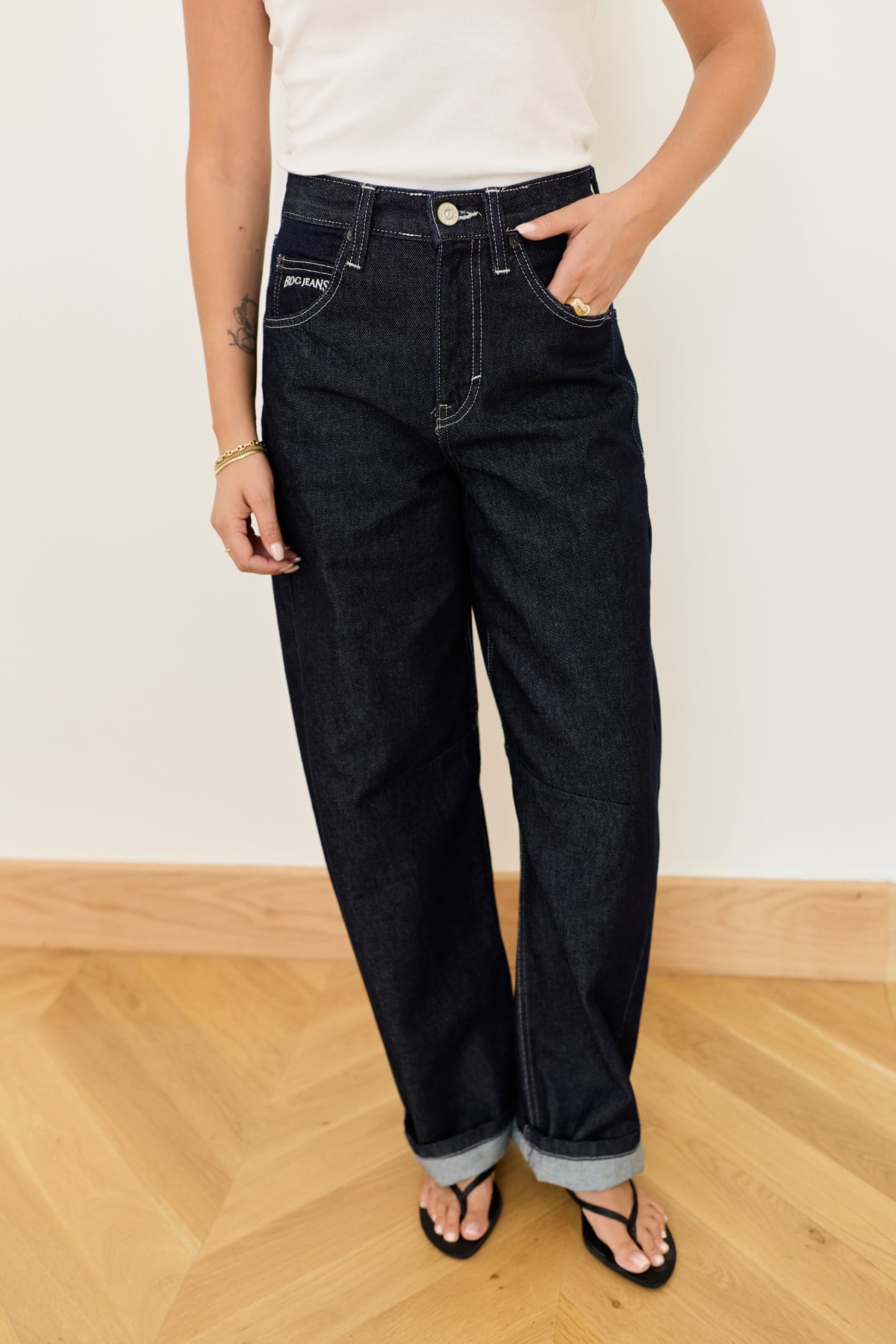 Lacivert Beli Tokalı Dikiş Detaylı Slouchy Jean Pantolon