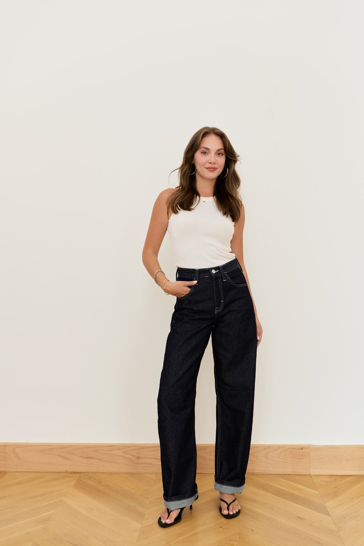 Lacivert Beli Tokalı Dikiş Detaylı Slouchy Jean Pantolon