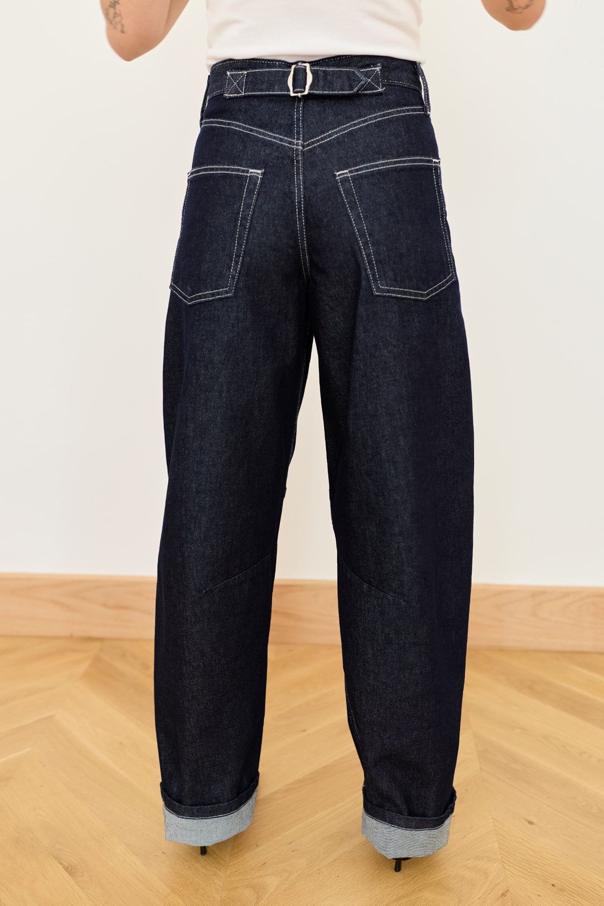 Lacivert Beli Tokalı Dikiş Detaylı Slouchy Jean Pantolon
