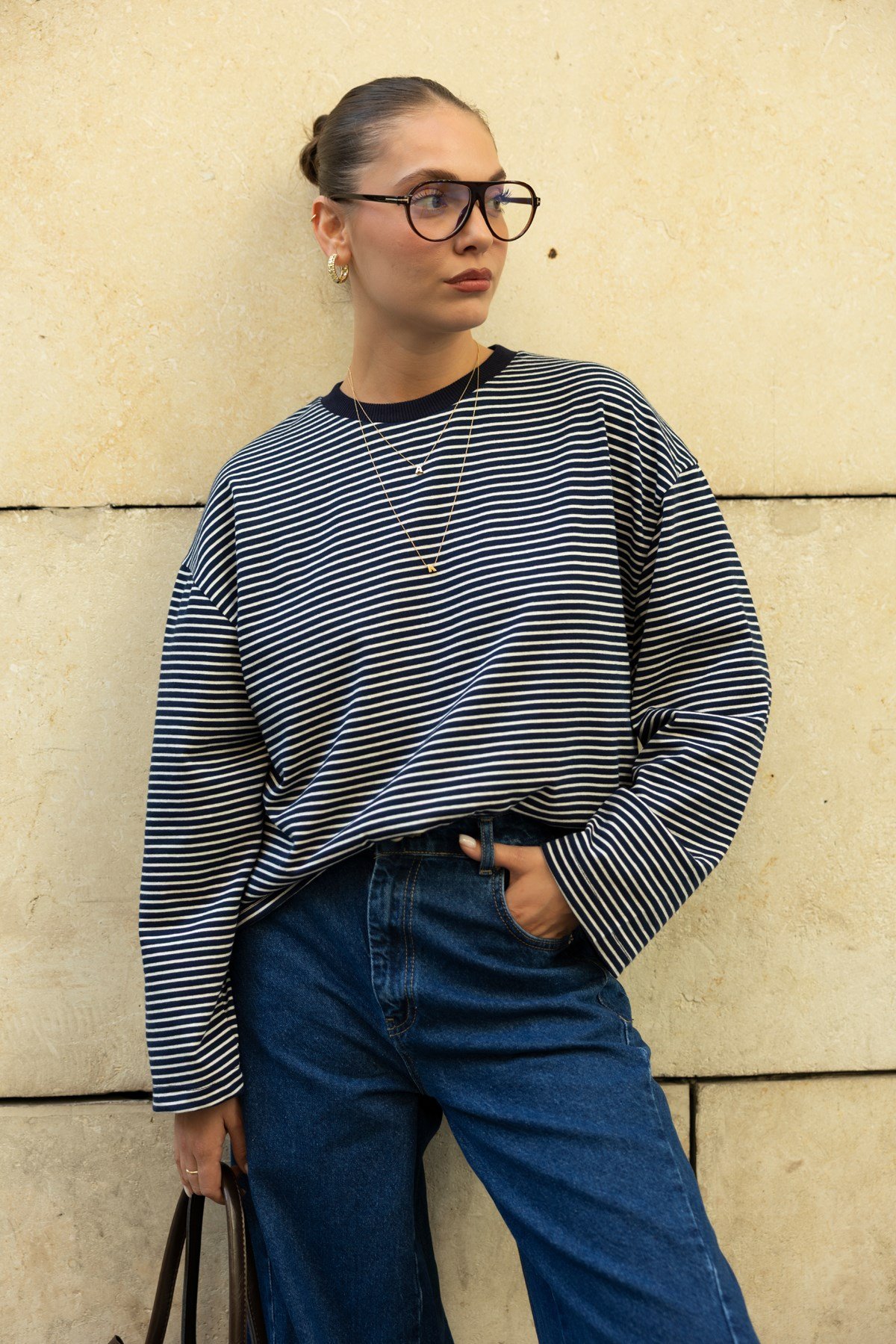 Lacivert-Beyaz Biye Detaylı Oversize Çizgili Uzun Kol T-Shirt