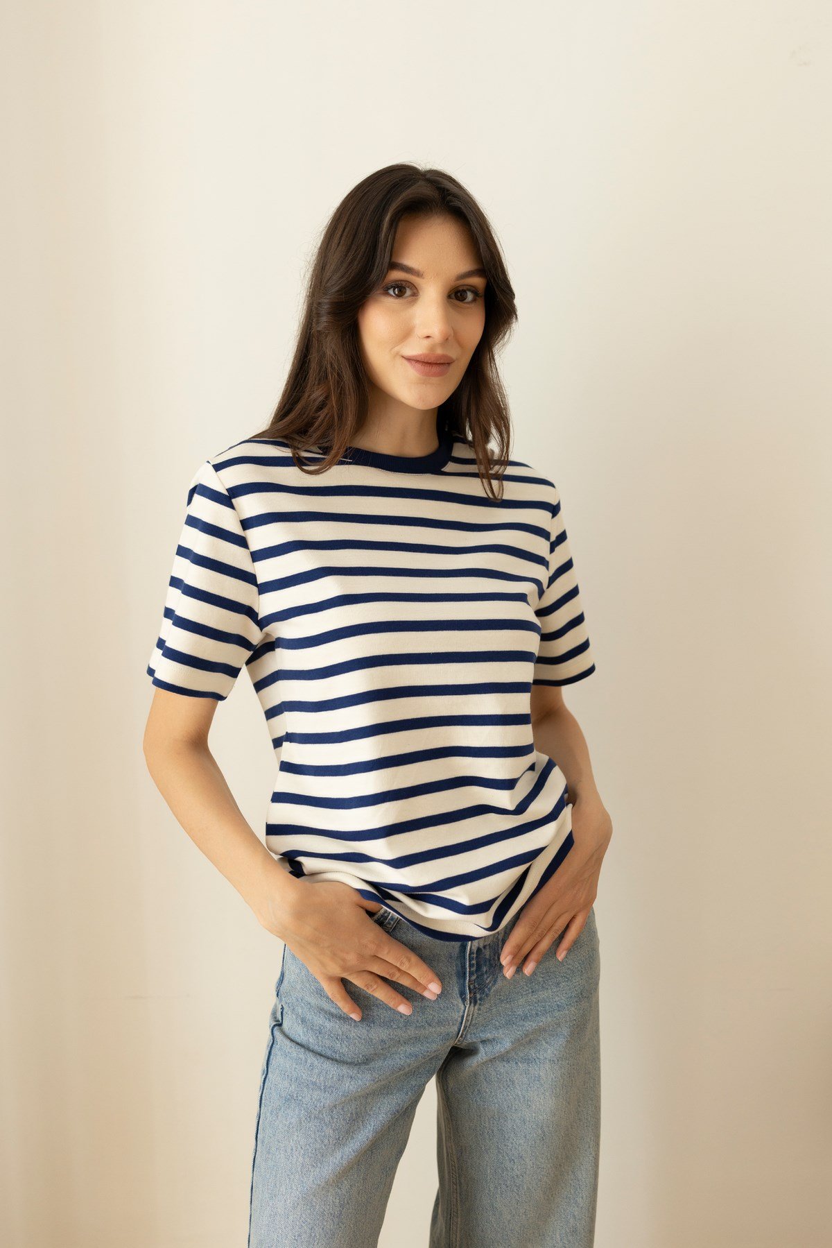 Lacivert-Beyaz Oversize Çizgili T-Shirt