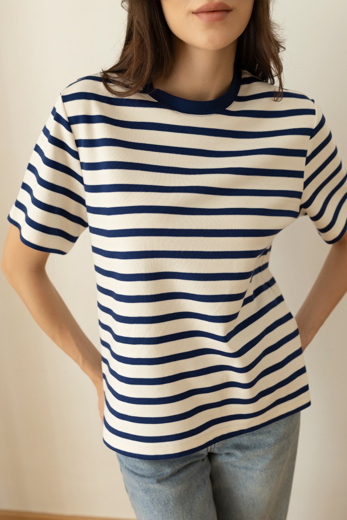 Lacivert-Beyaz Oversize Çizgili T-Shirt