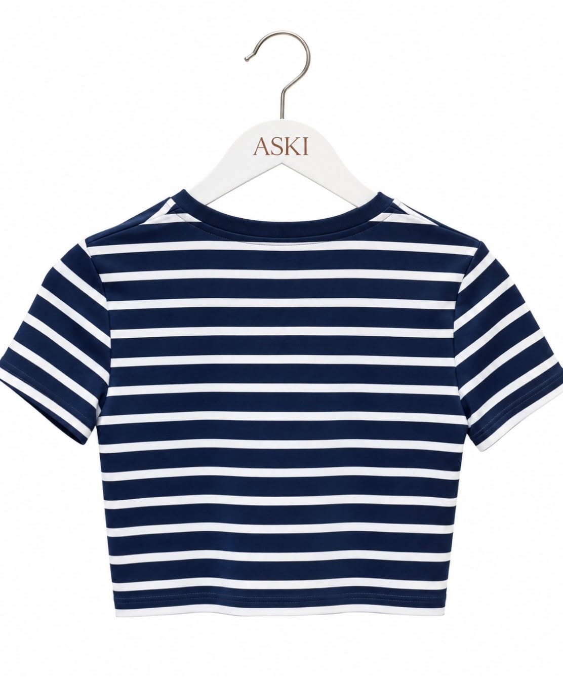 Lacivert Bisiklet Yaka Çizgili Crop T-Shirt