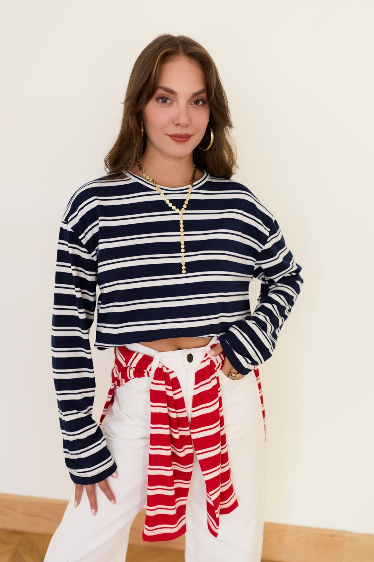 Lacivert Bisiklet Yaka Çizgili Oversize T-Shirt