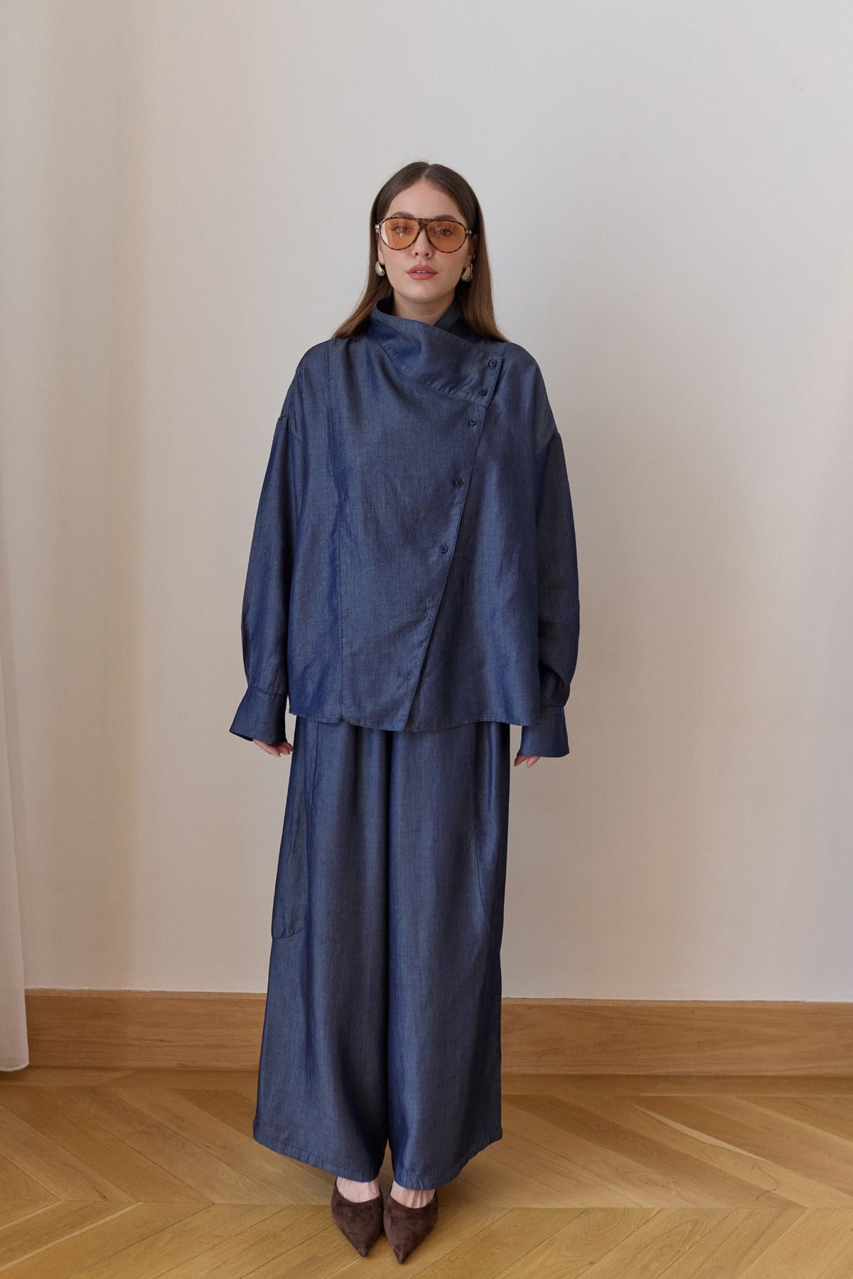 Lacivert Çapraz Düğme Detaylı Gömlek Pantolon Tensel Denim Takım