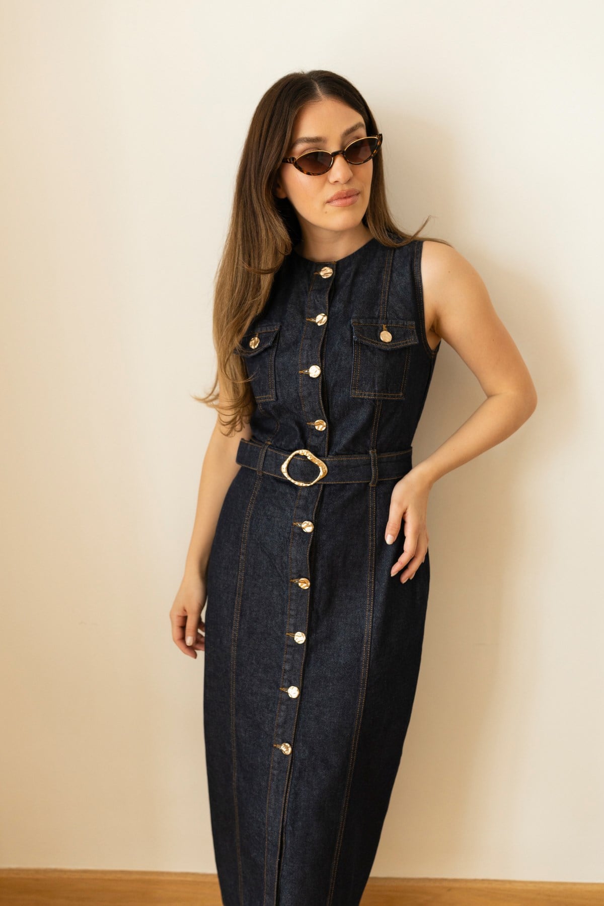Lacivert Cep Ve Dikiş Detaylı Kemerli Denim Elbise
