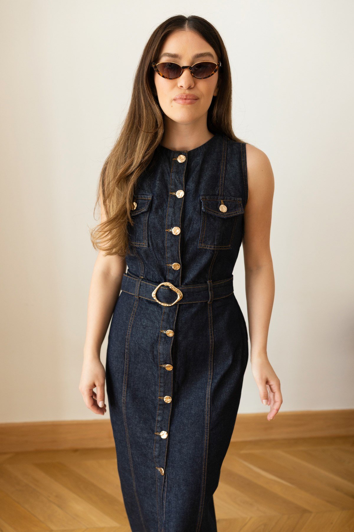Lacivert Cep Ve Dikiş Detaylı Kemerli Denim Elbise