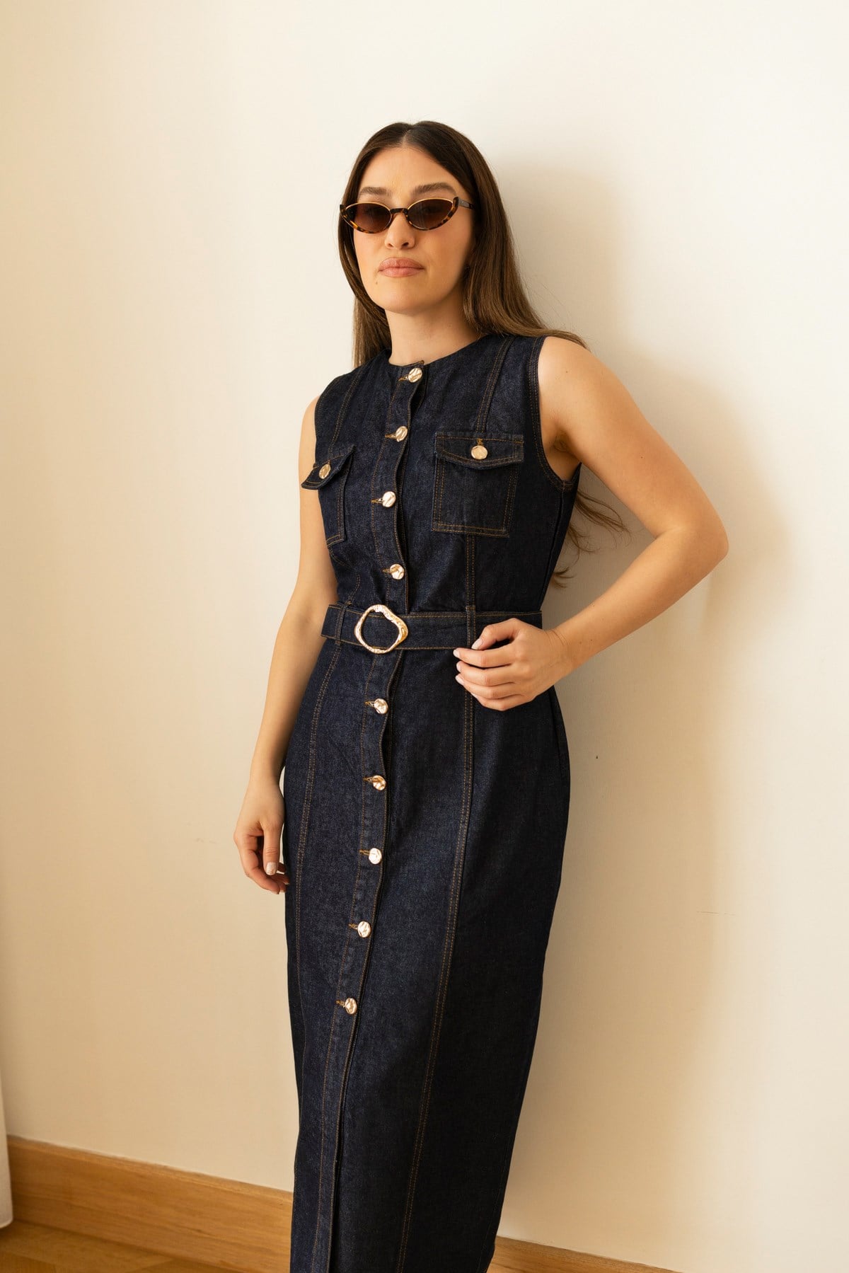 Lacivert Cep Ve Dikiş Detaylı Kemerli Denim Elbise
