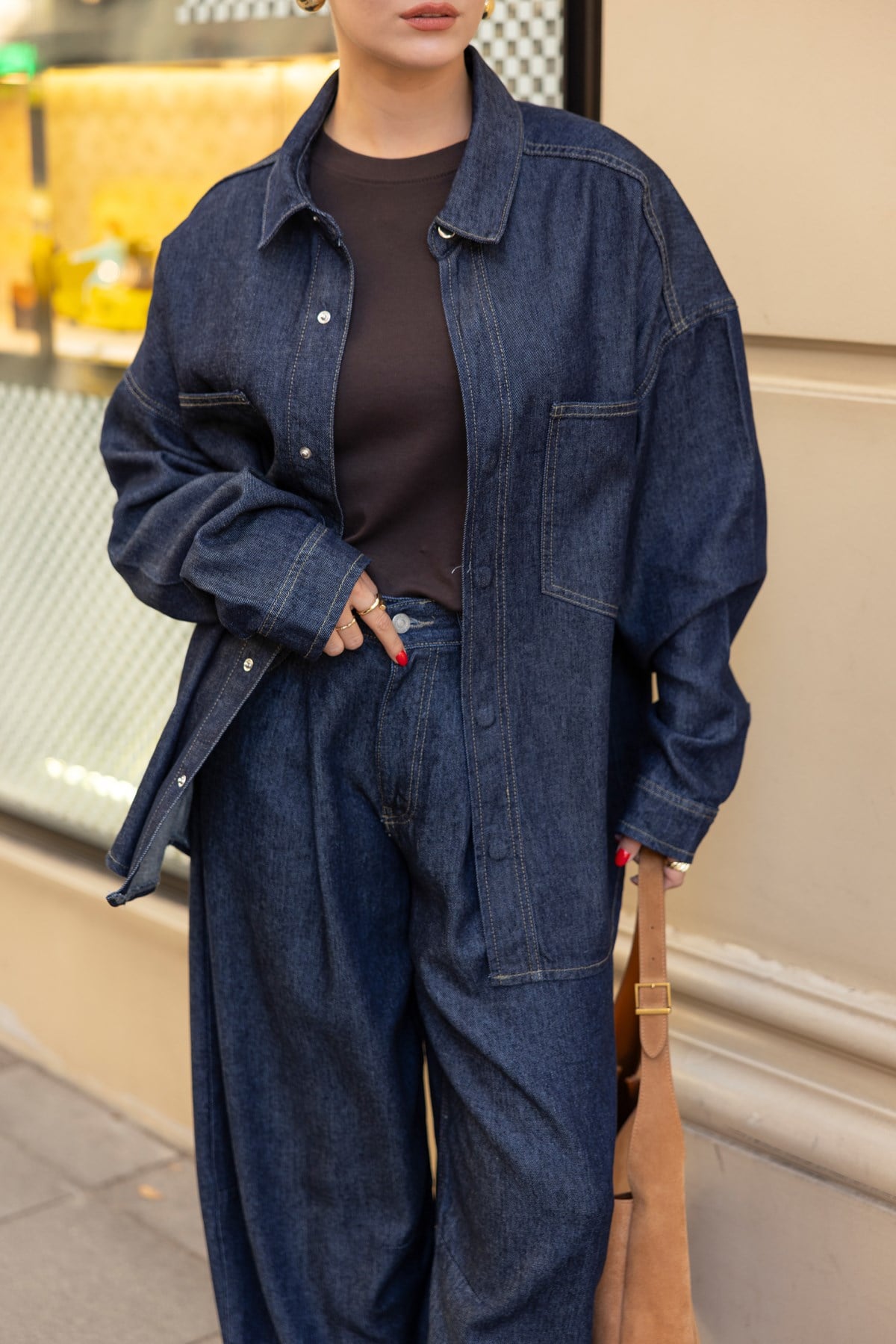 Lacivert Çıtçıt Düğmeli Büyük Cepli Oversize Denim Gömlek
