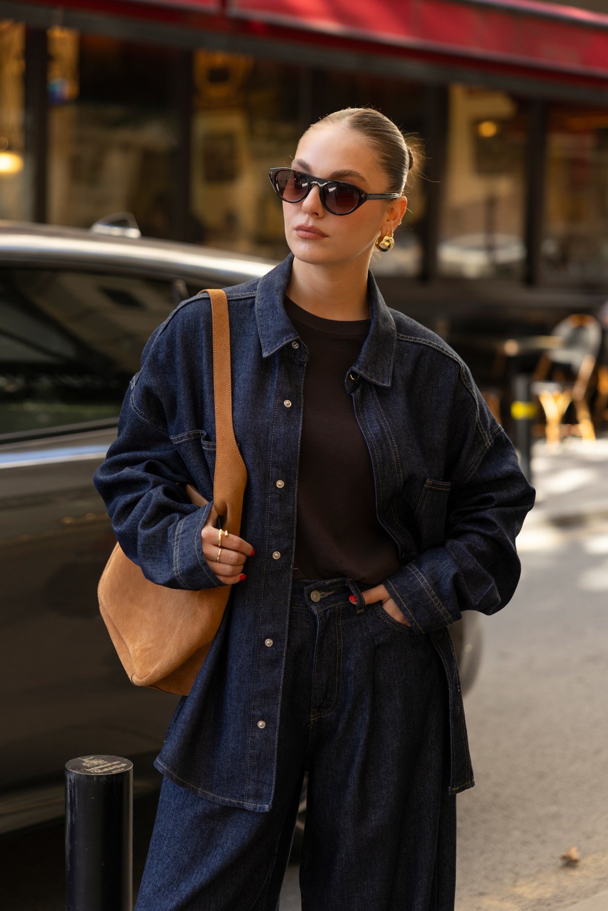 Lacivert Çıtçıt Düğmeli Büyük Cepli Oversize Denim Gömlek