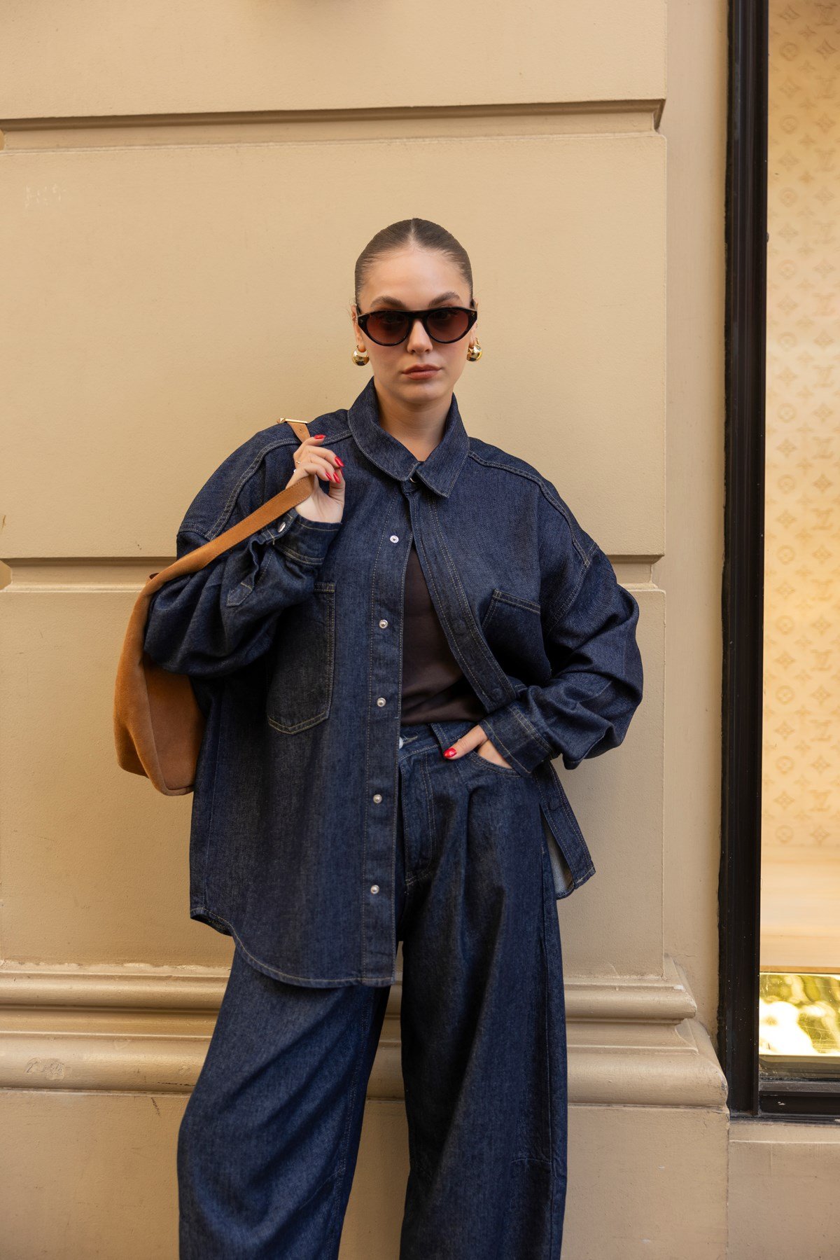 Lacivert Çıtçıt Düğmeli Büyük Cepli Oversize Denim Gömlek