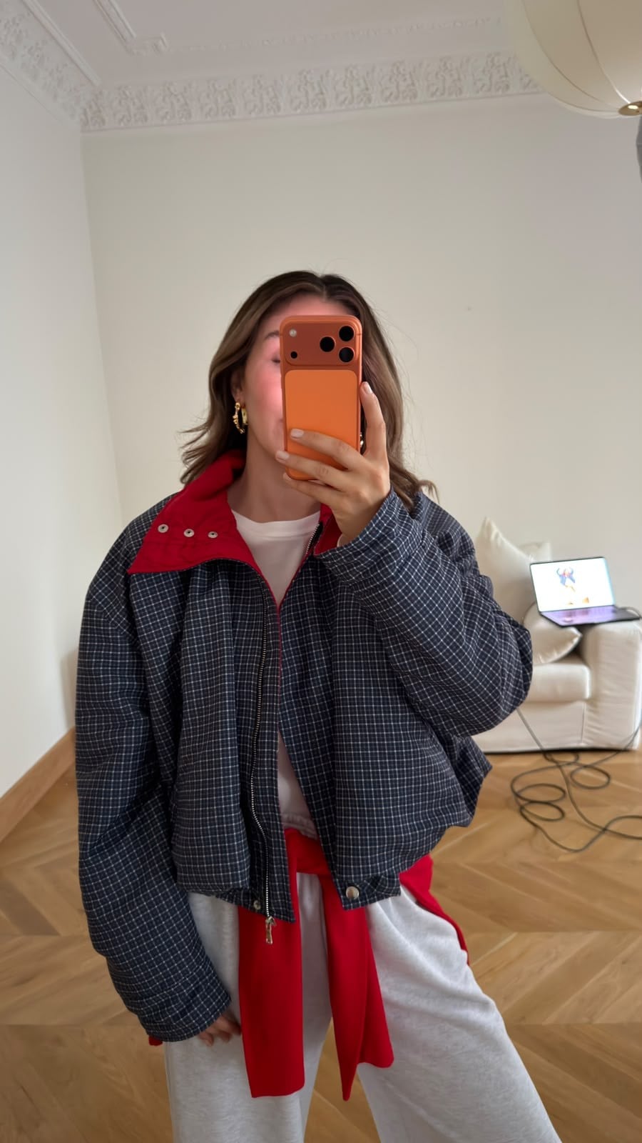 Lacivert Dik Yaka Ekoseli Oversize Şişme Ceket