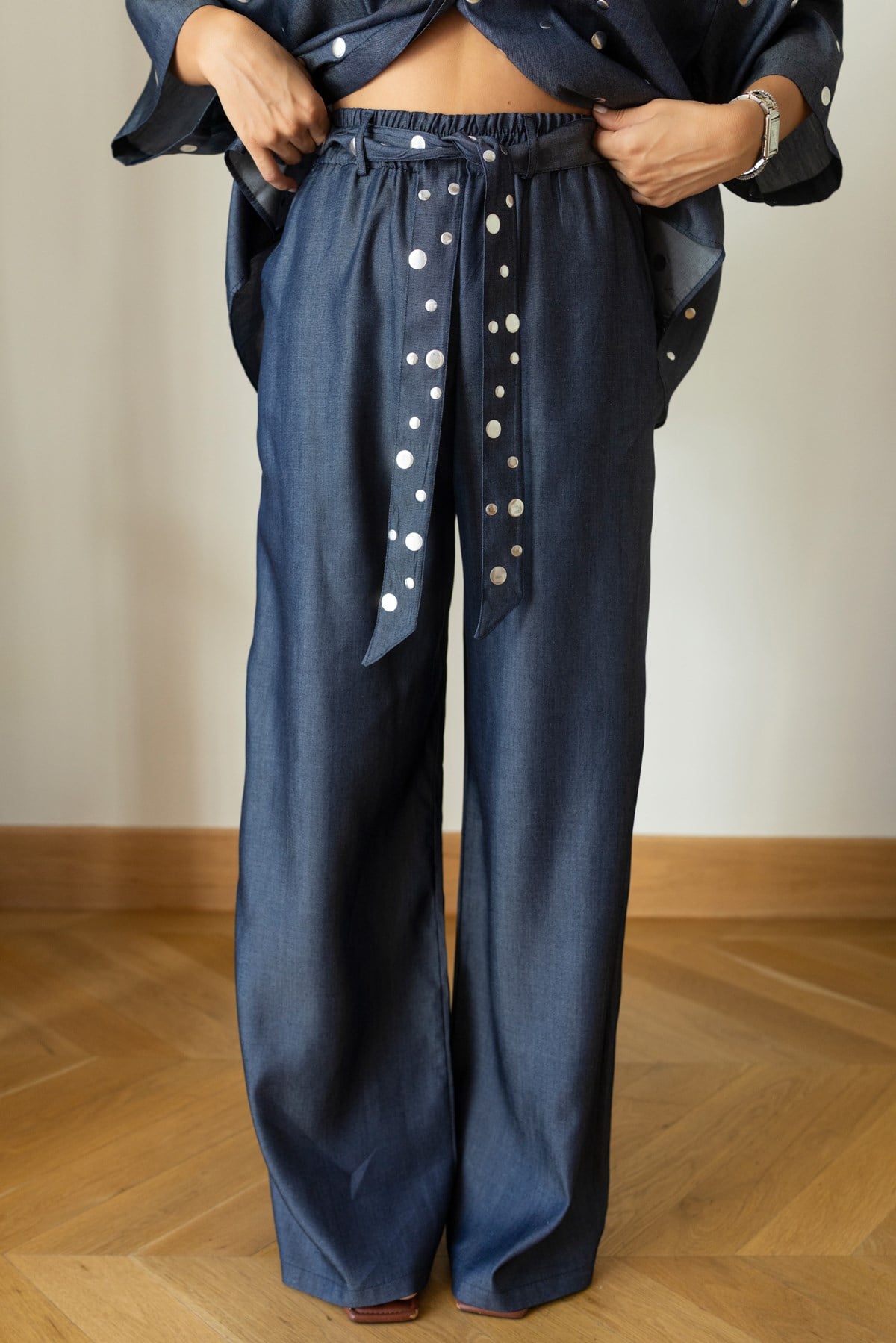 Lacivert Drop  Detaylı Gömlek Pantolon Denim Takım