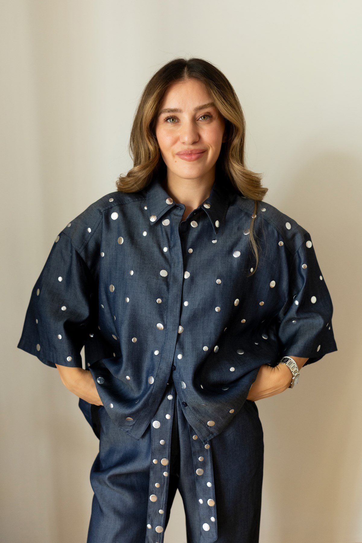 Lacivert Drop  Detaylı Gömlek Pantolon Denim Takım