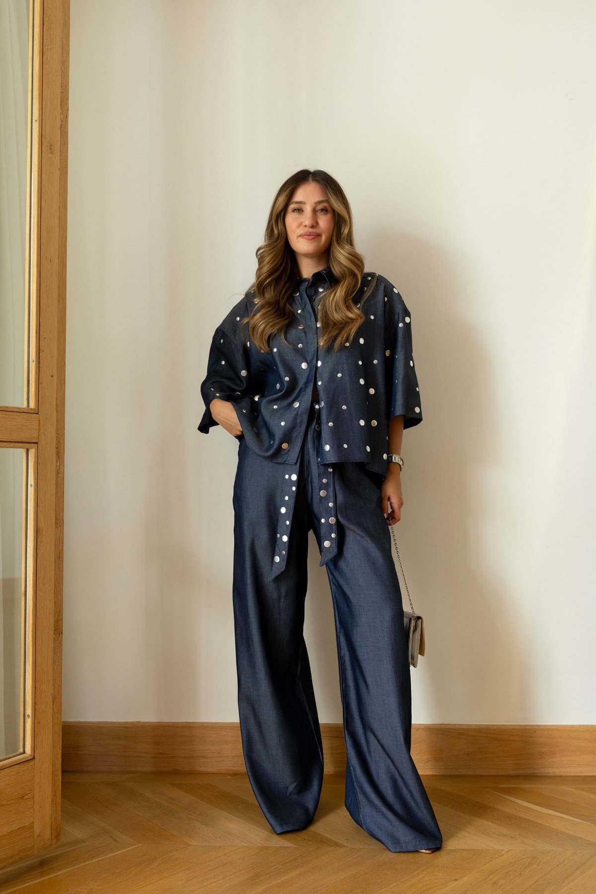 Lacivert Drop  Detaylı Gömlek Pantolon Denim Takım