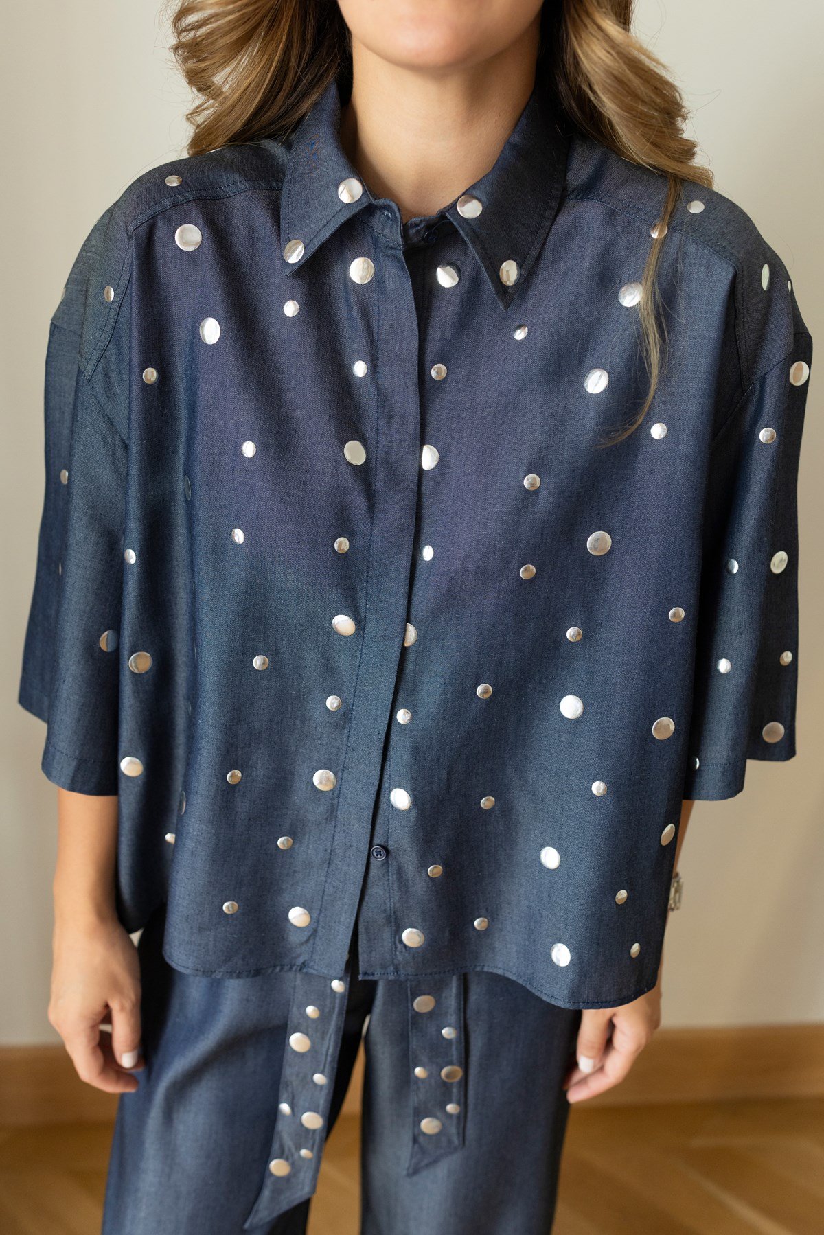 Lacivert Drop  Detaylı Gömlek Pantolon Denim Takım