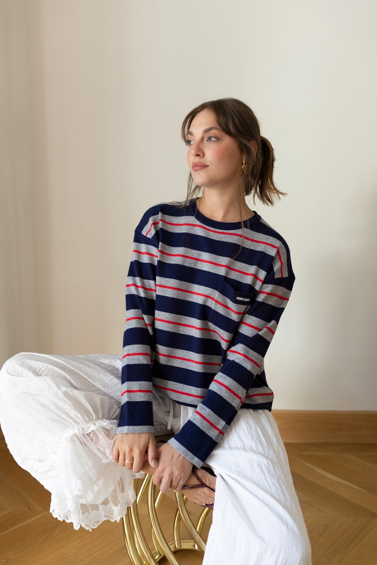 Lacivert Önden Cepli Ve Yazı Nakışlı Çizgili Oversize Triko