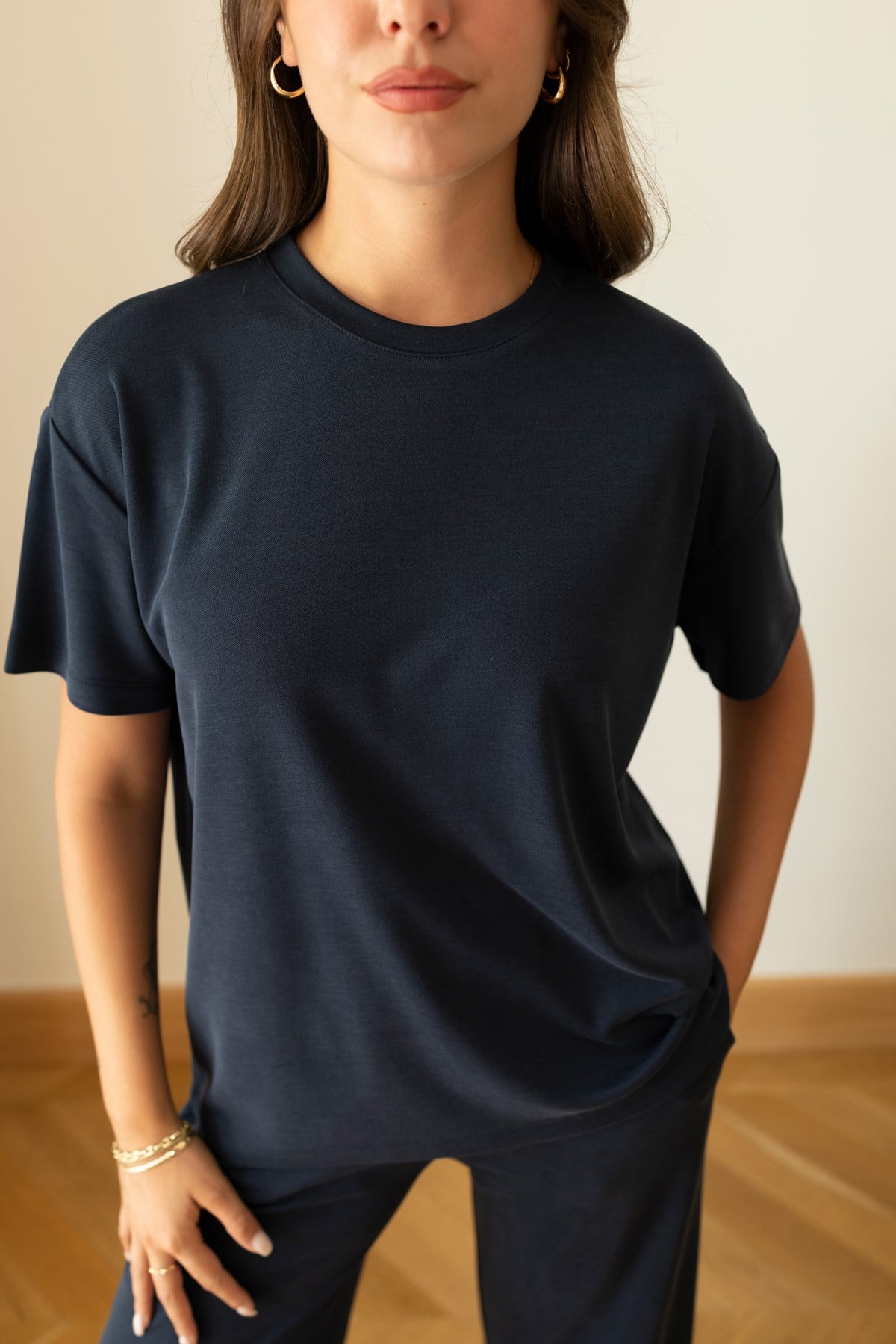 Lacivert Oversize T-Shirt Ve Pantolon Takım