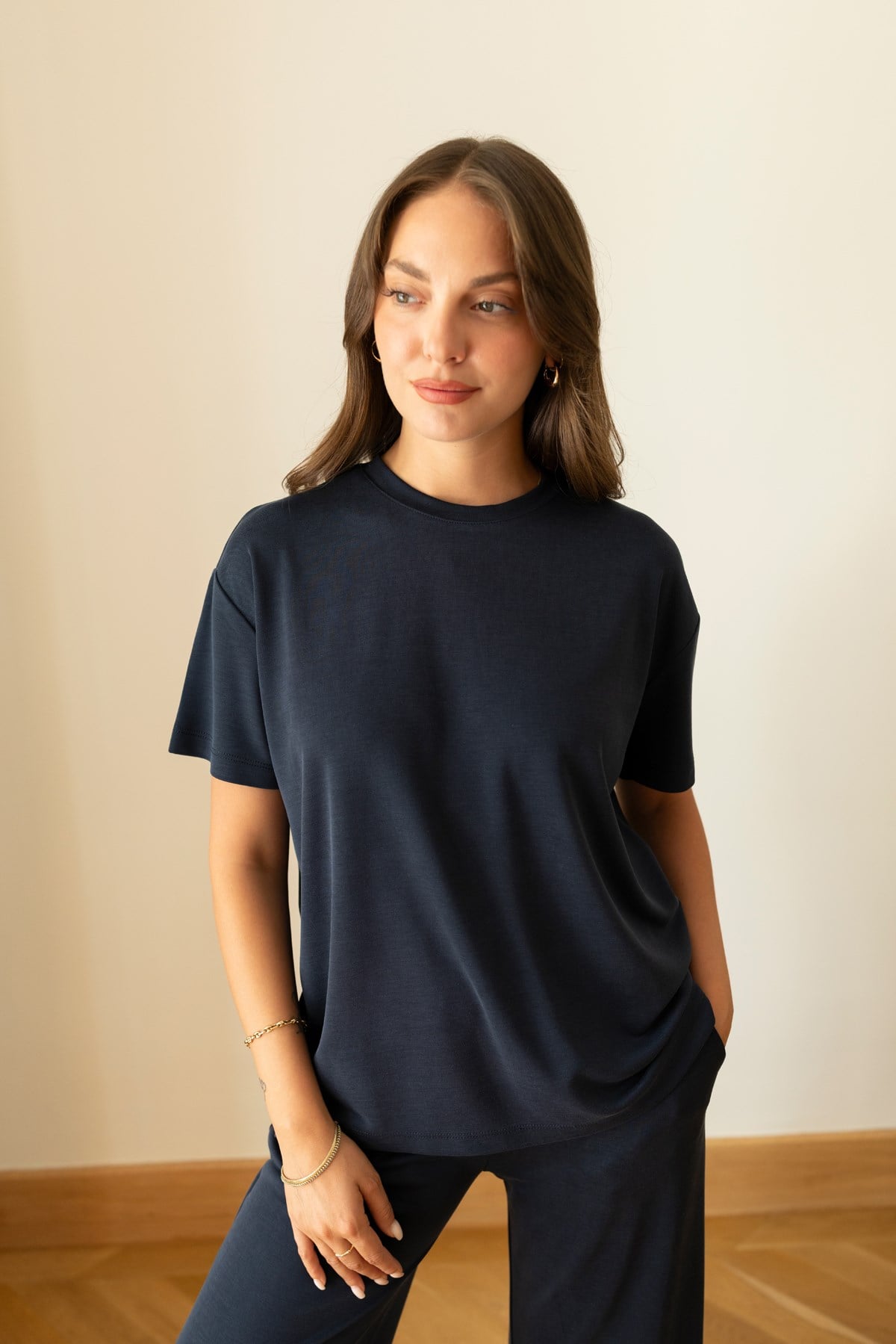 Lacivert Oversize T-Shirt Ve Pantolon Takım