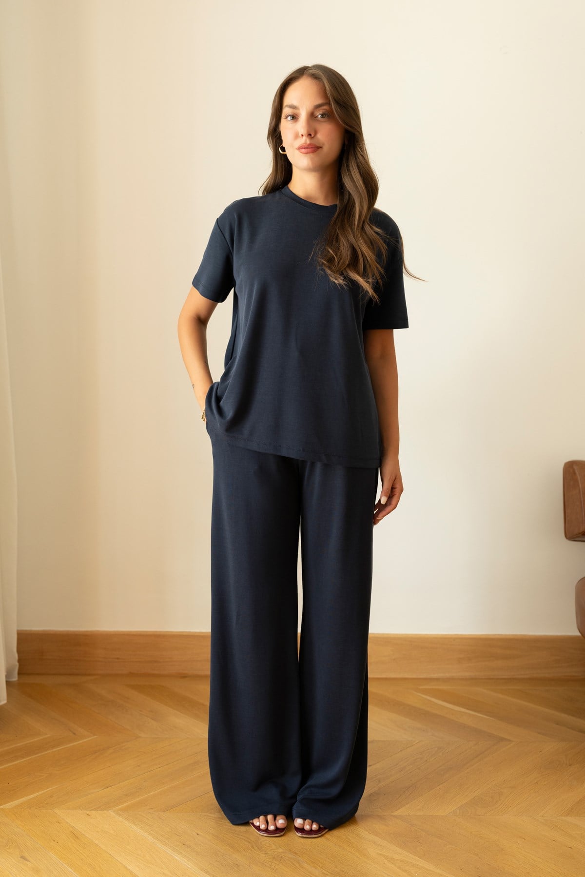 Lacivert Oversize T-Shirt Ve Pantolon Takım