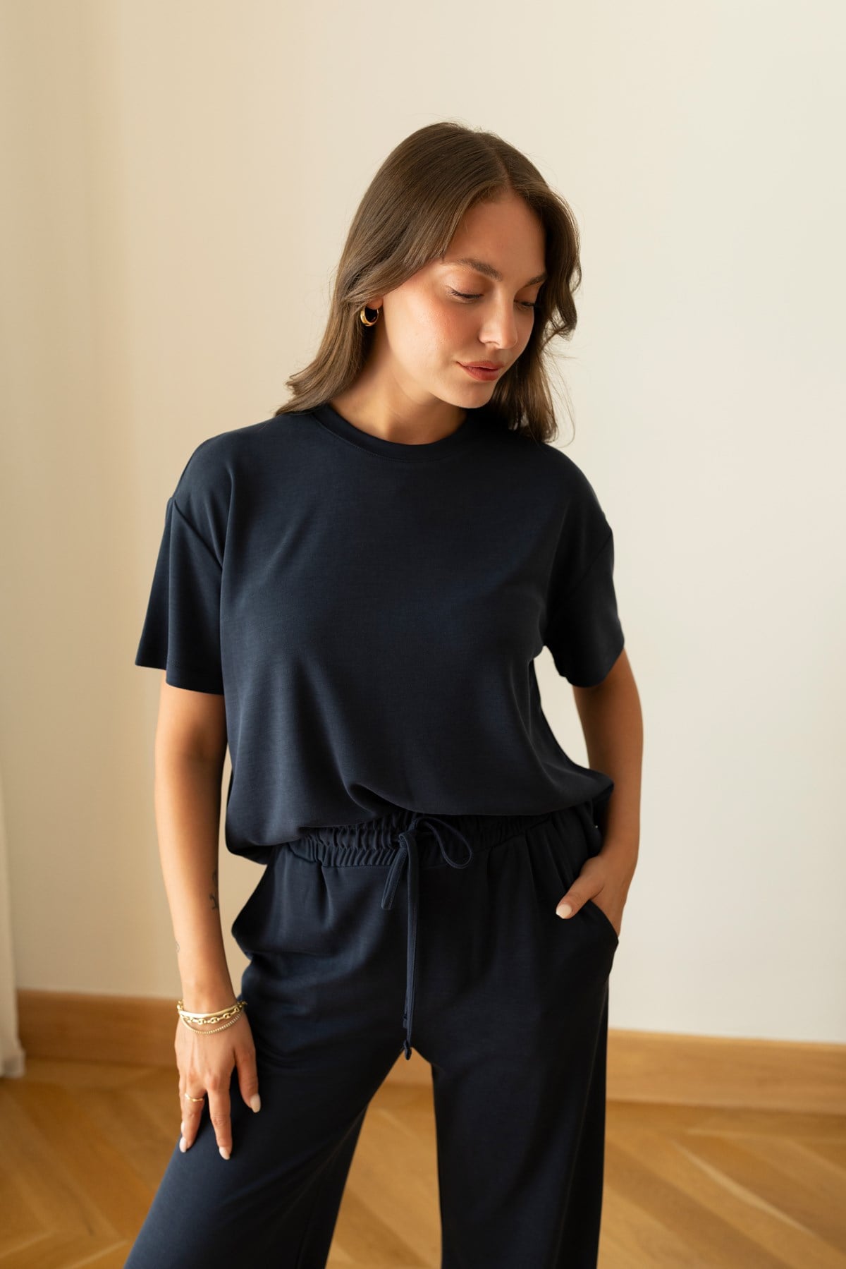 Lacivert Oversize T-Shirt Ve Pantolon Takım
