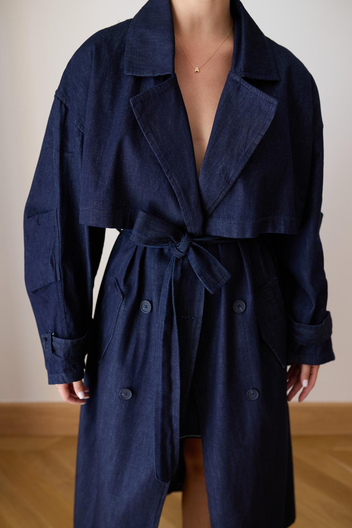 Lacivert Parça Detaylı Oversize Denim Trençkot