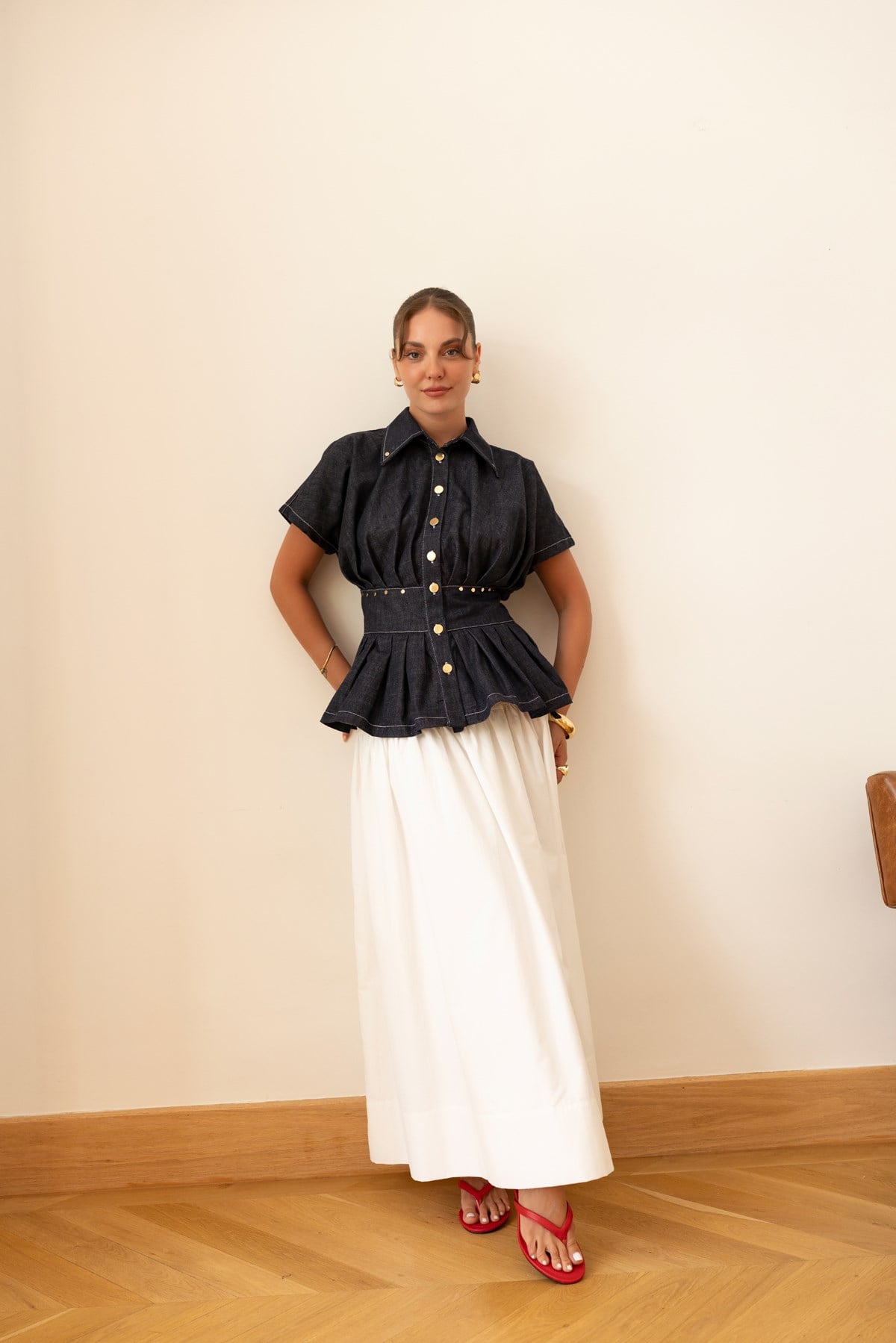 Lacivert Pilise Detaylı Denim Gömlek