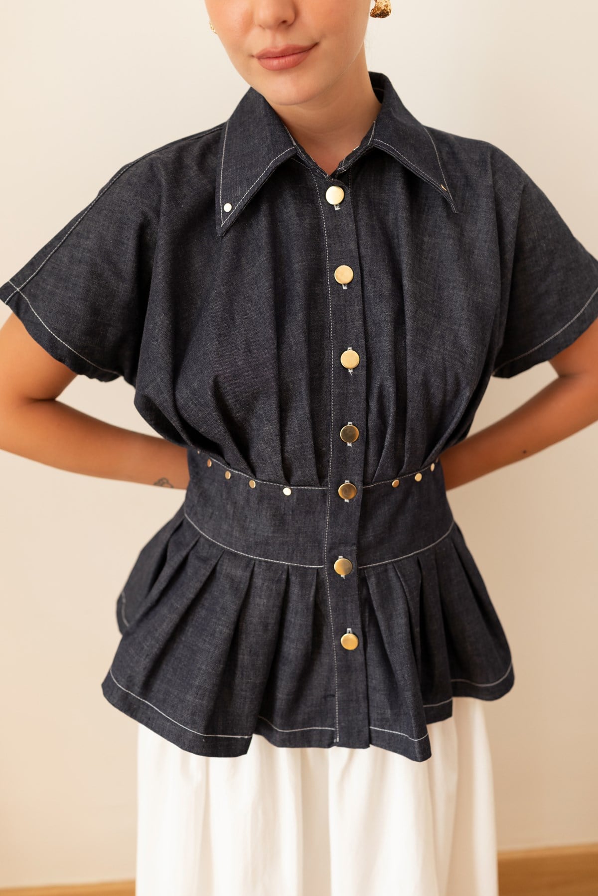 Lacivert Pilise Detaylı Denim Gömlek
