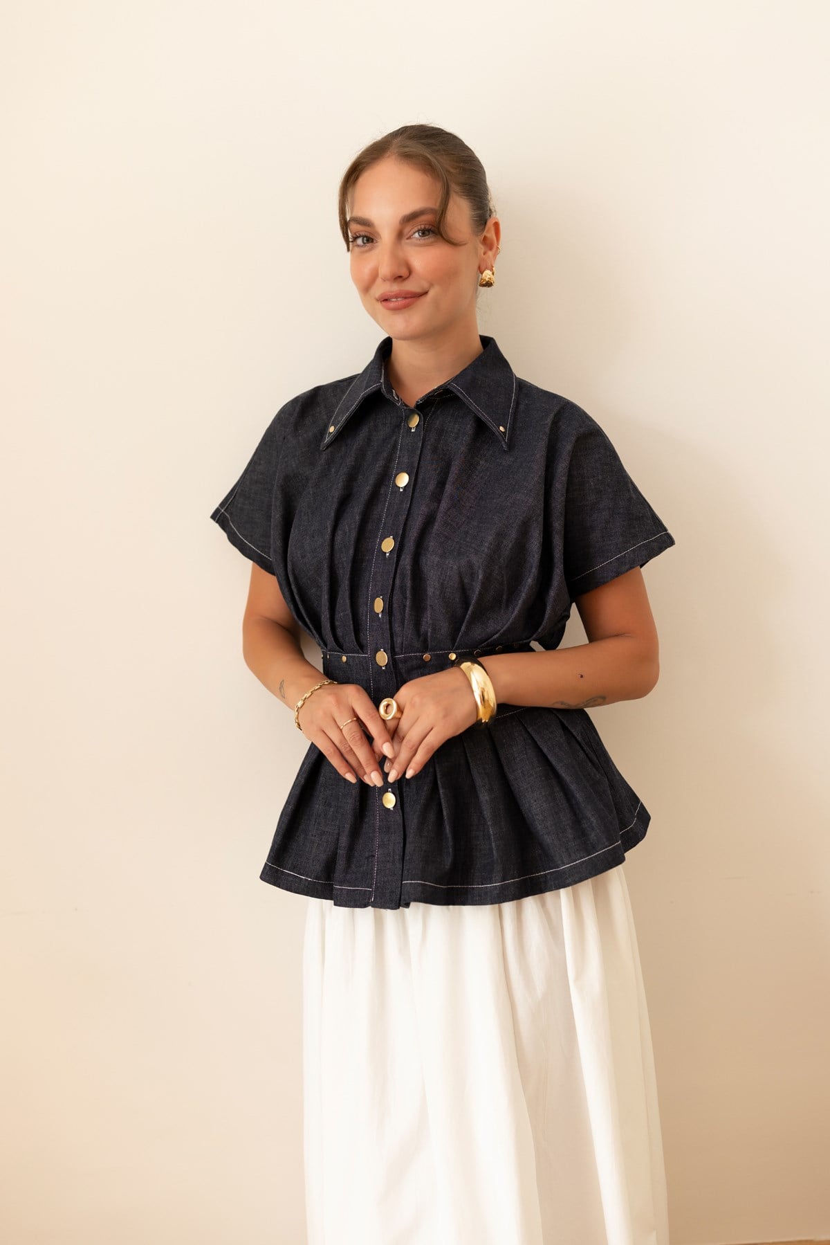 Lacivert Pilise Detaylı Denim Gömlek