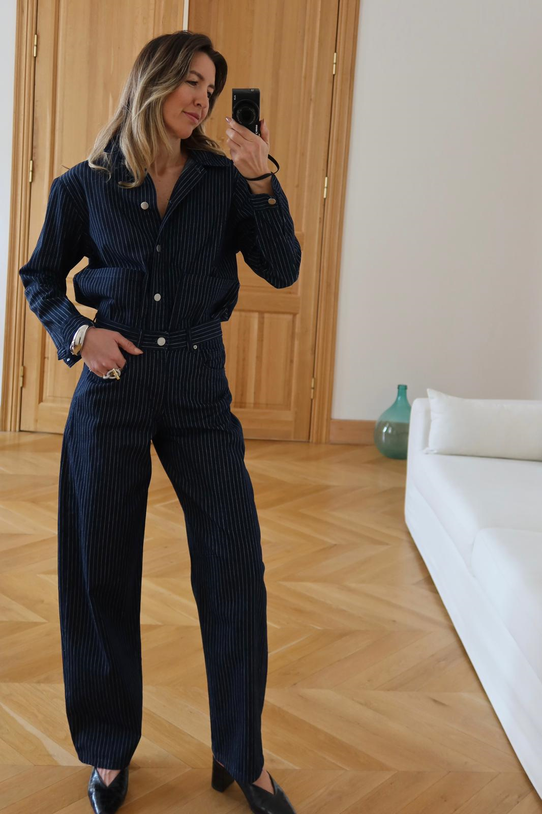 Lacivert Polo Yaka Önden Cepli Çizgili Denim Gömlek
