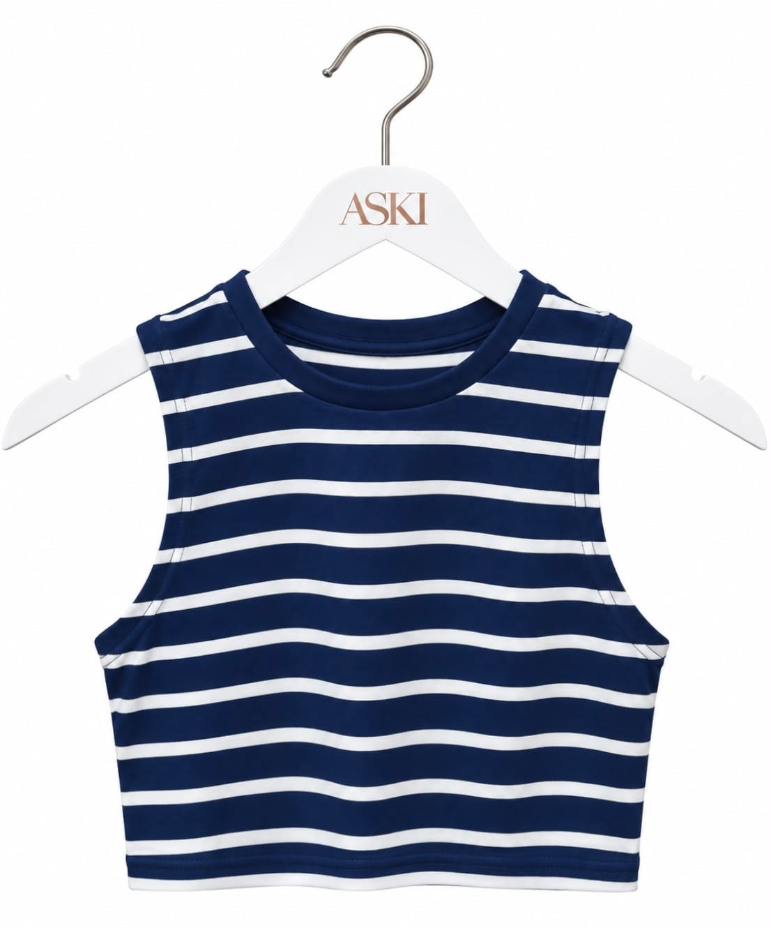 Lacivert Sıfır Kol Çizgili Crop T-Shirt