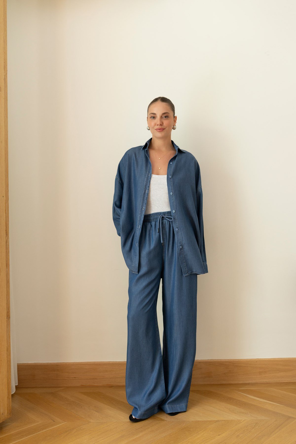 Lacivert Tensel Oversize Gömlek  Pantolon Takım