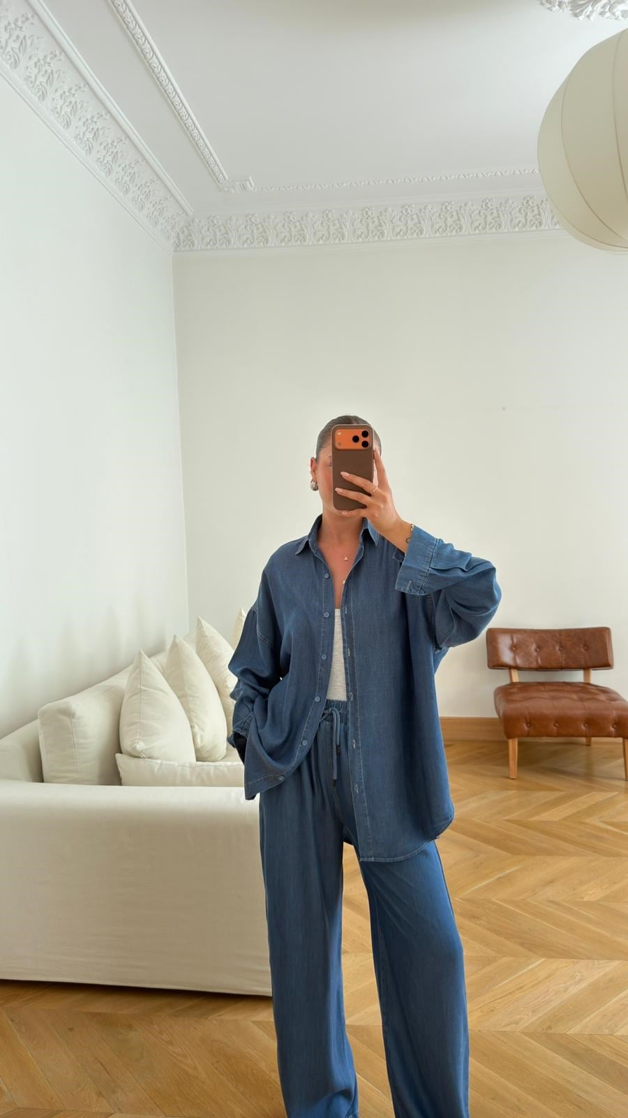 Lacivert Tensel Oversize Gömlek  Pantolon Takım