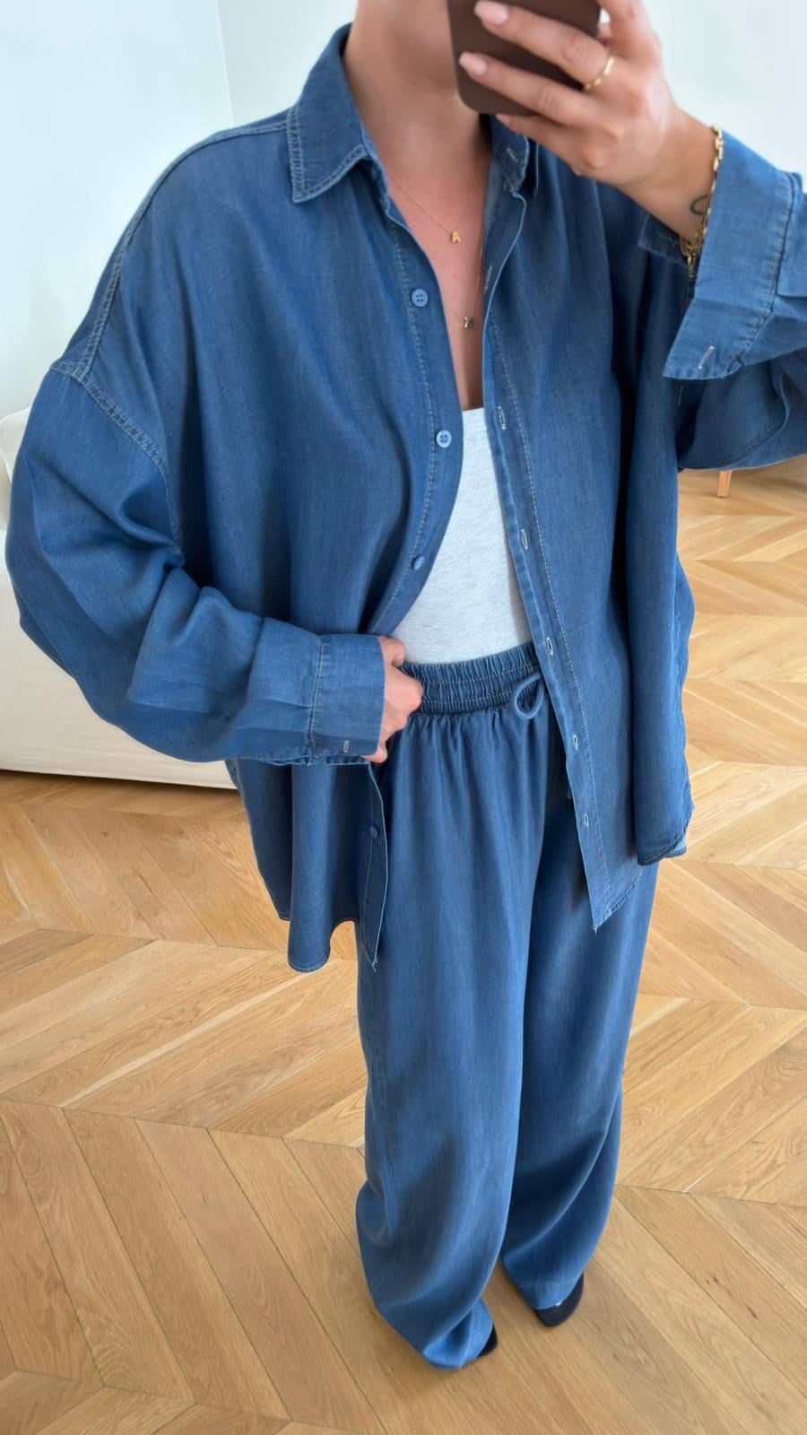 Lacivert Tensel Oversize Gömlek  Pantolon Takım