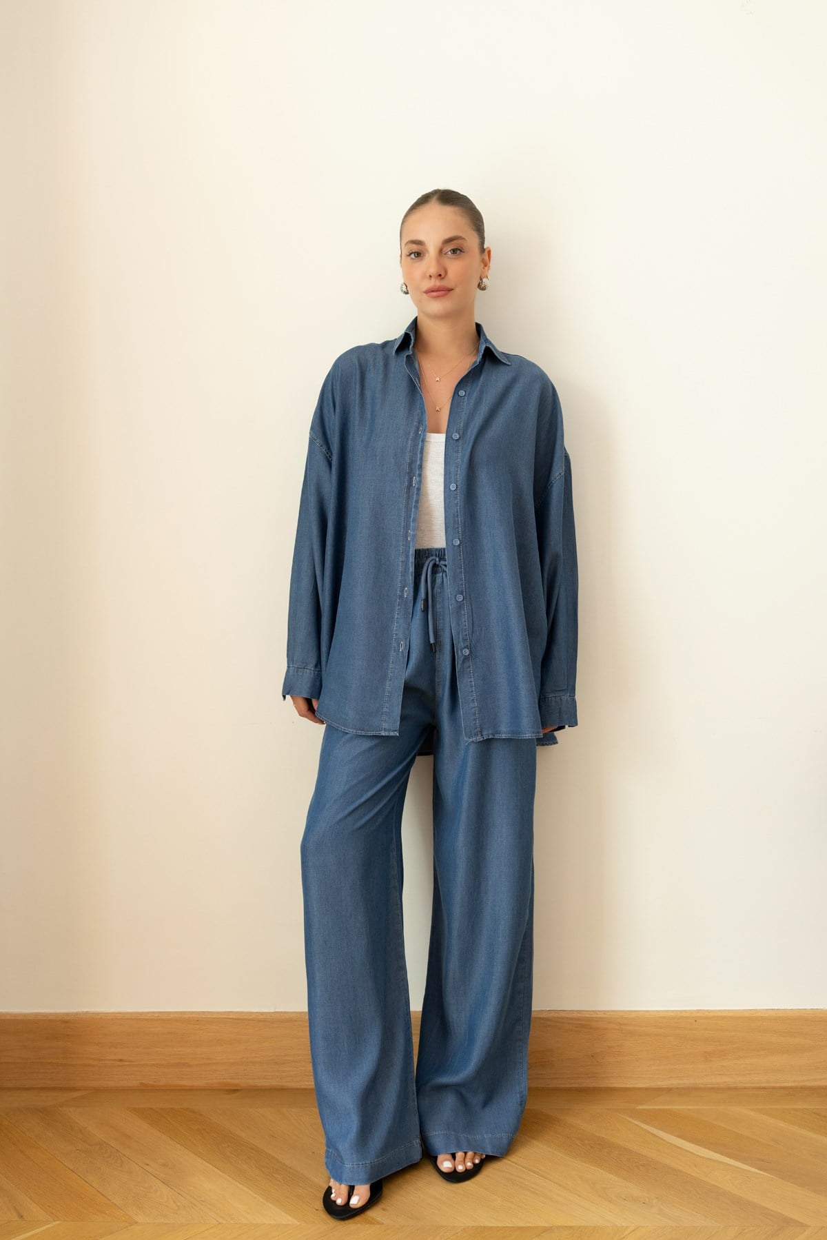 Lacivert Tensel Oversize Gömlek  Pantolon Takım