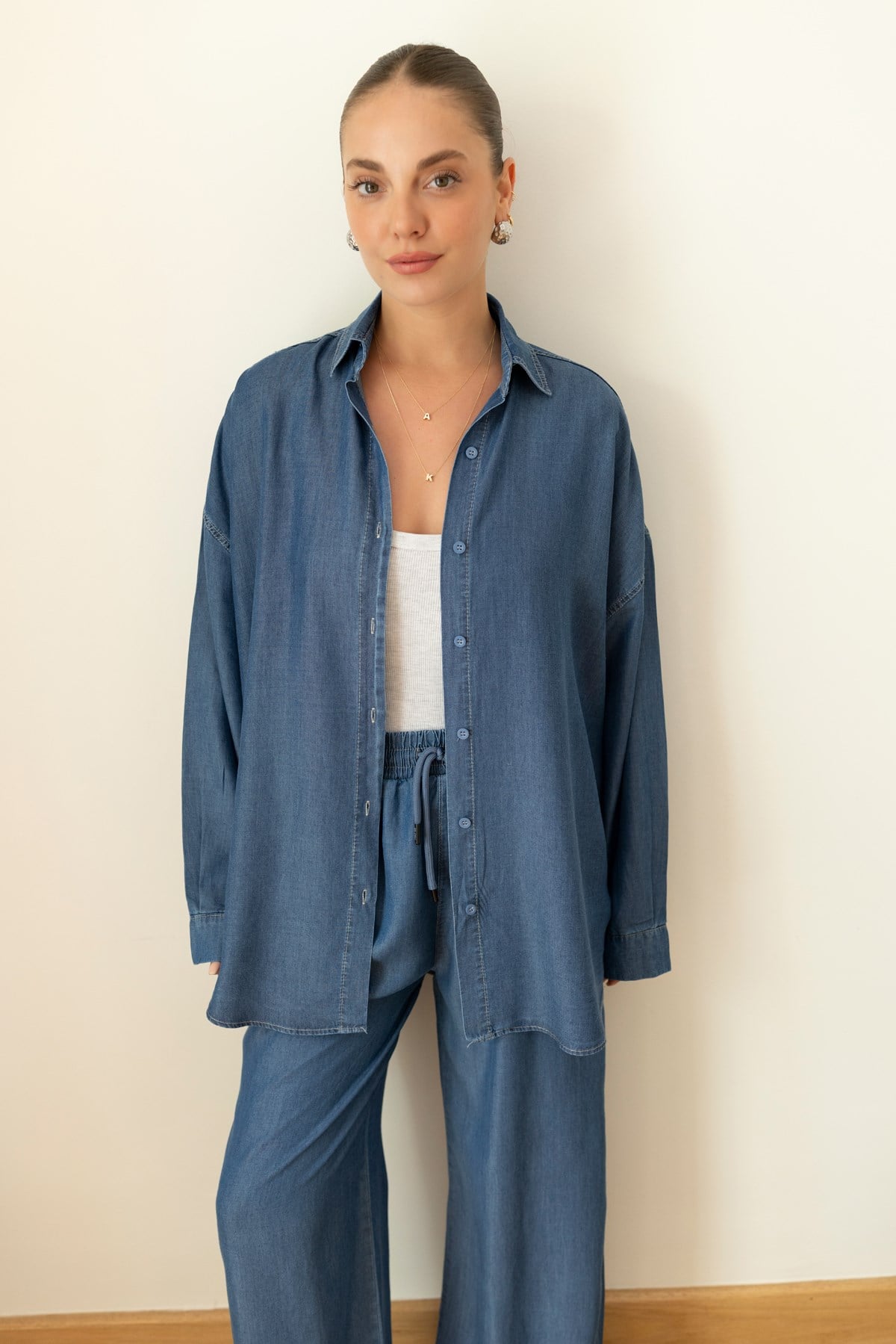 Lacivert Tensel Oversize Gömlek  Pantolon Takım