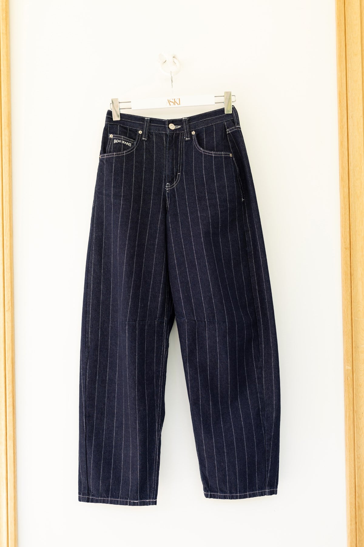 Lacivert Yüksek Bel Çizgili Slouchy Jean Pantolon