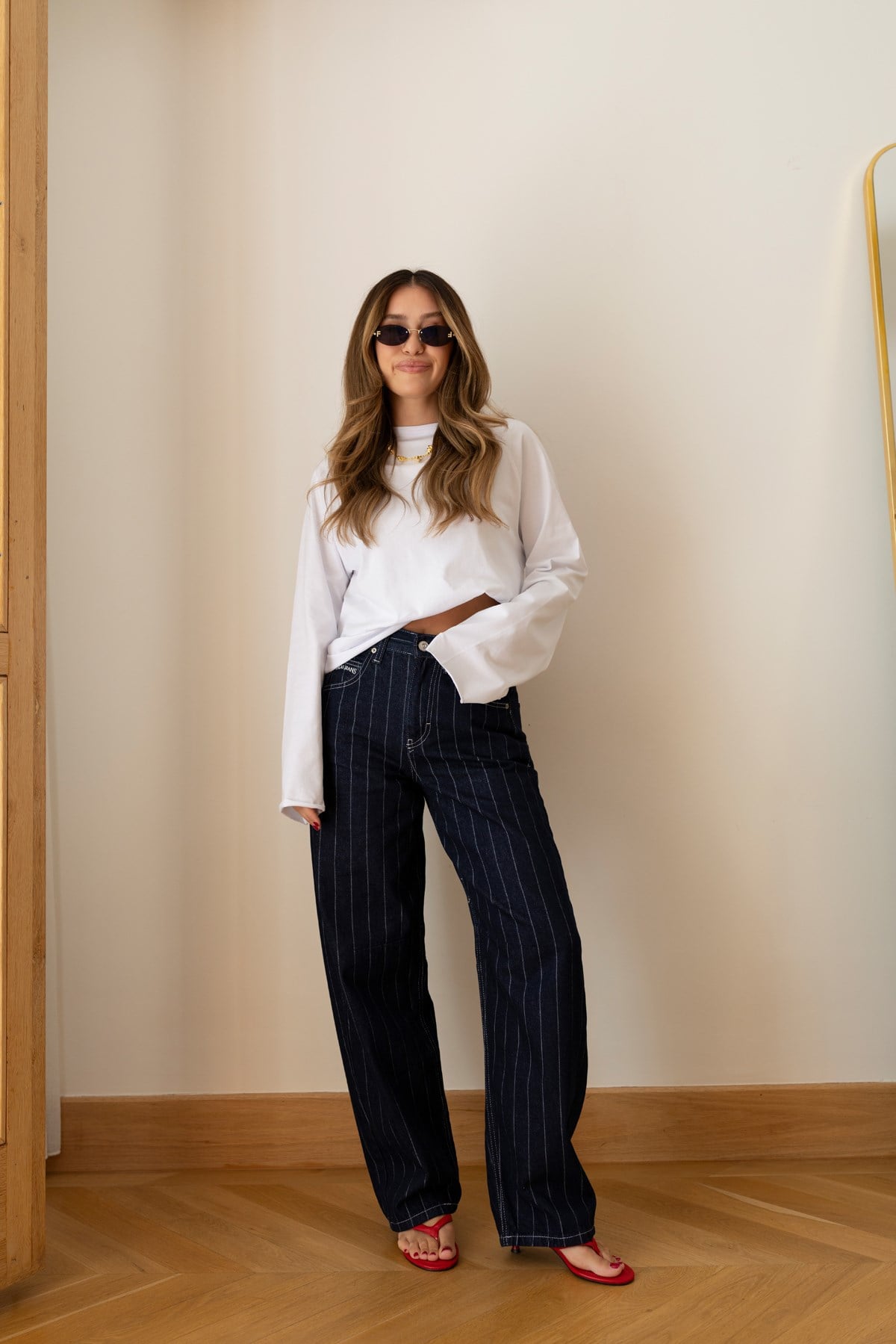 Lacivert Yüksek Bel Çizgili Slouchy Jean Pantolon
