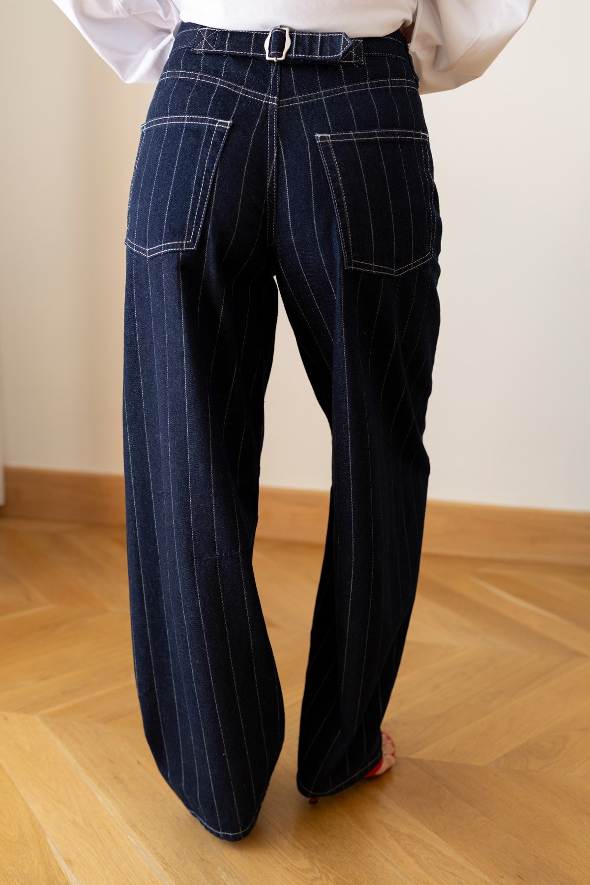 Lacivert Yüksek Bel Çizgili Slouchy Jean Pantolon