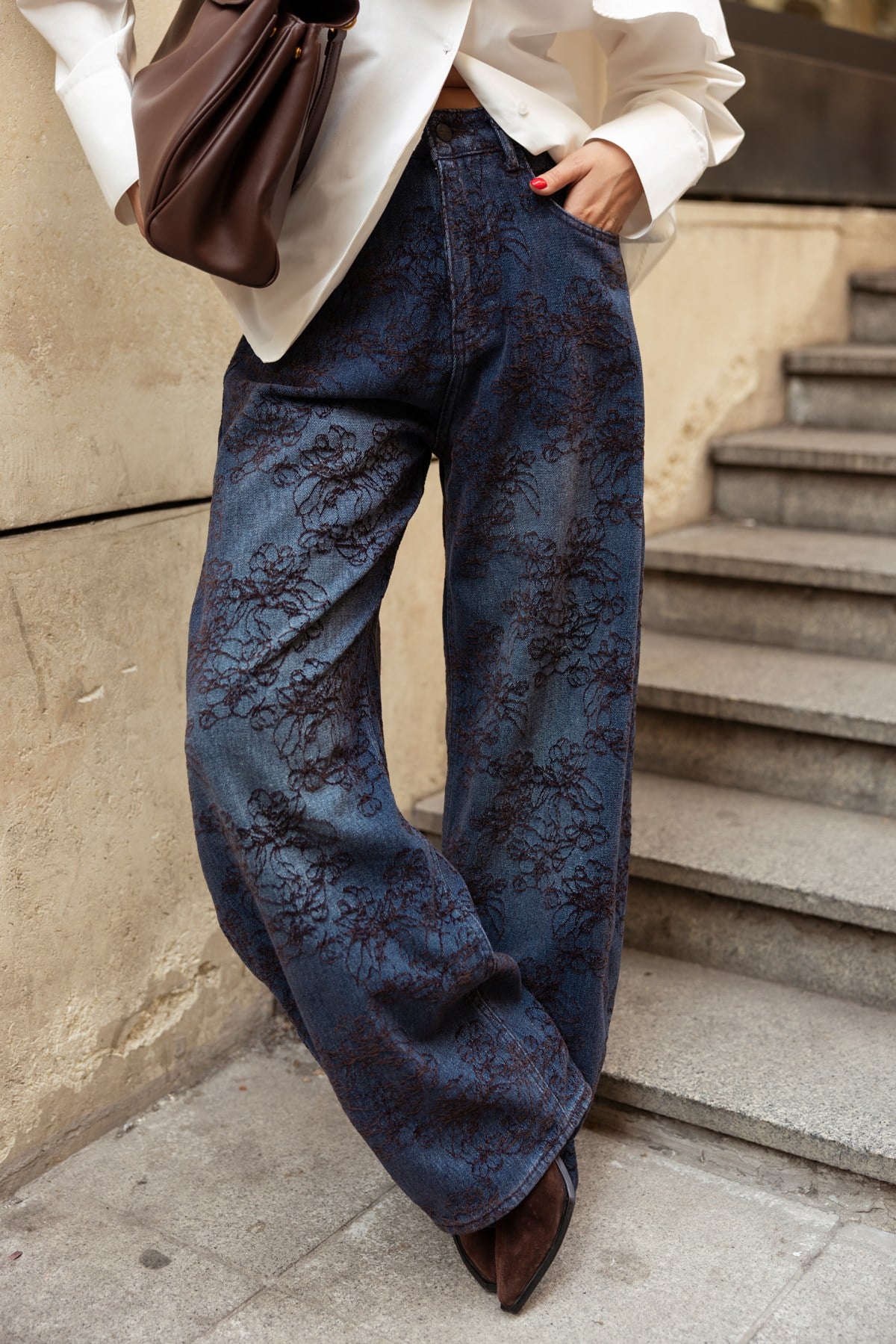 Lacivert Yüksek Bel Kadife Çiçek Baskılı Slouchy  Jean Pantolon