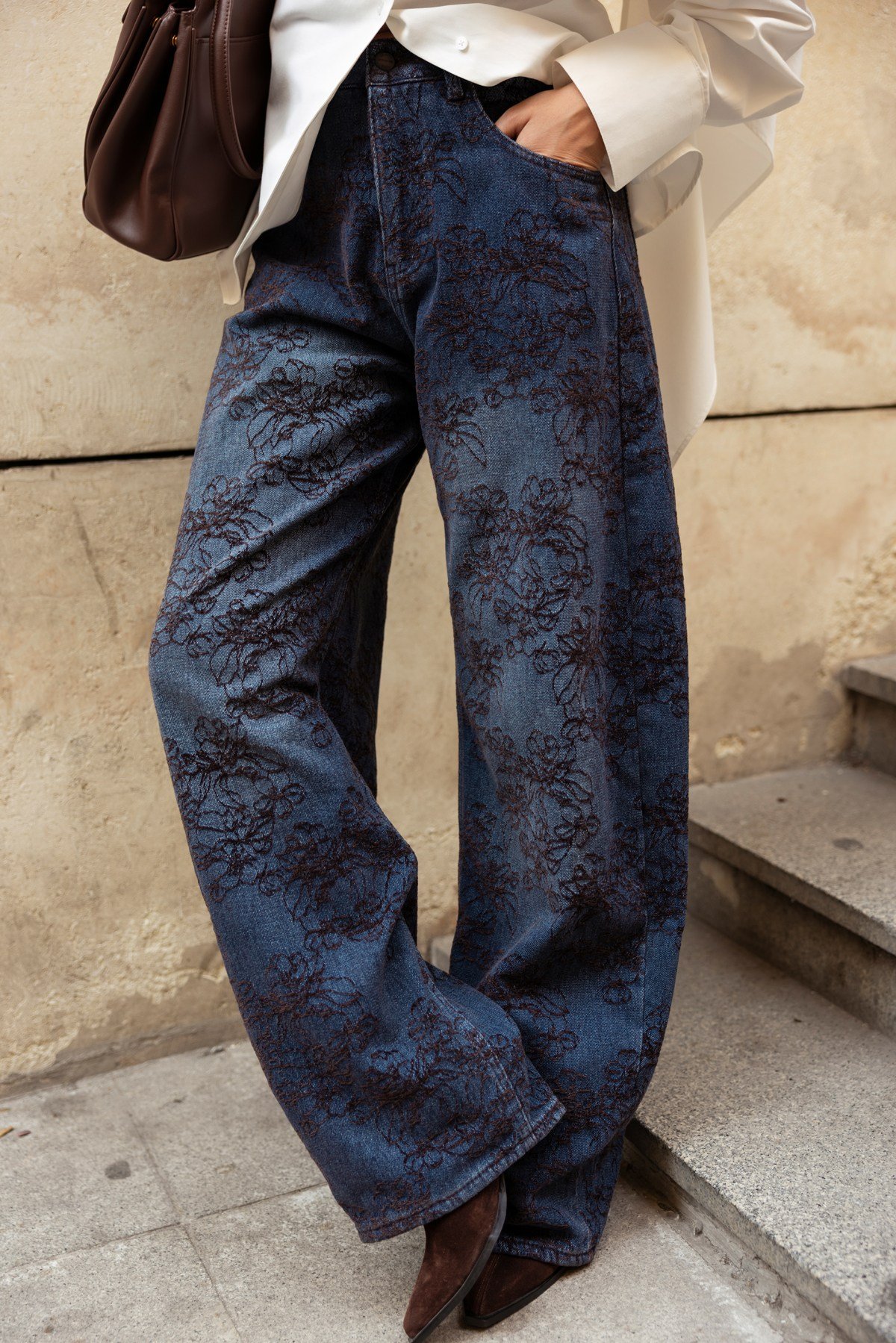 Lacivert Yüksek Bel Kadife Çiçek Baskılı Slouchy  Jean Pantolon
