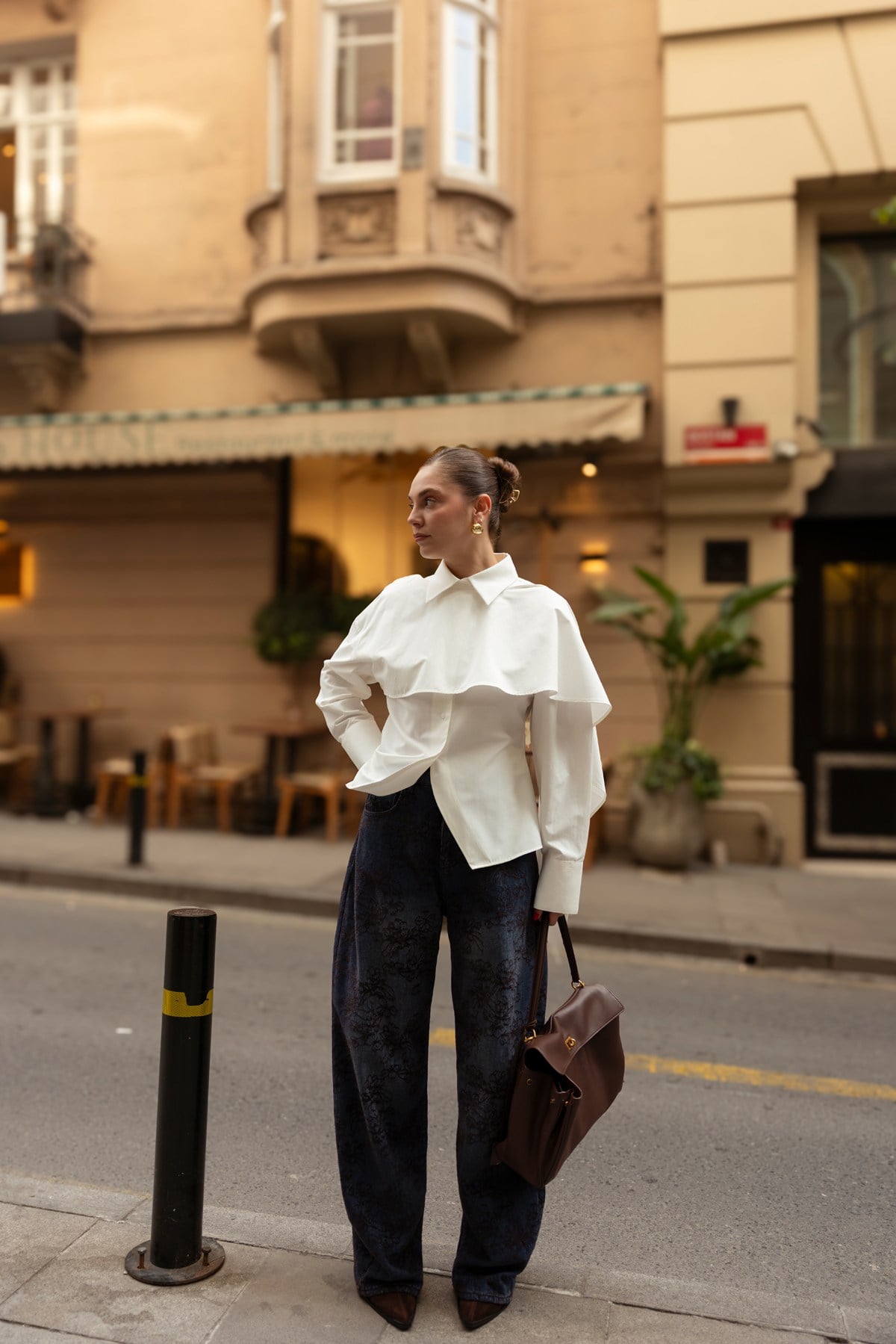 Lacivert Yüksek Bel Kadife Çiçek Baskılı Slouchy  Jean Pantolon