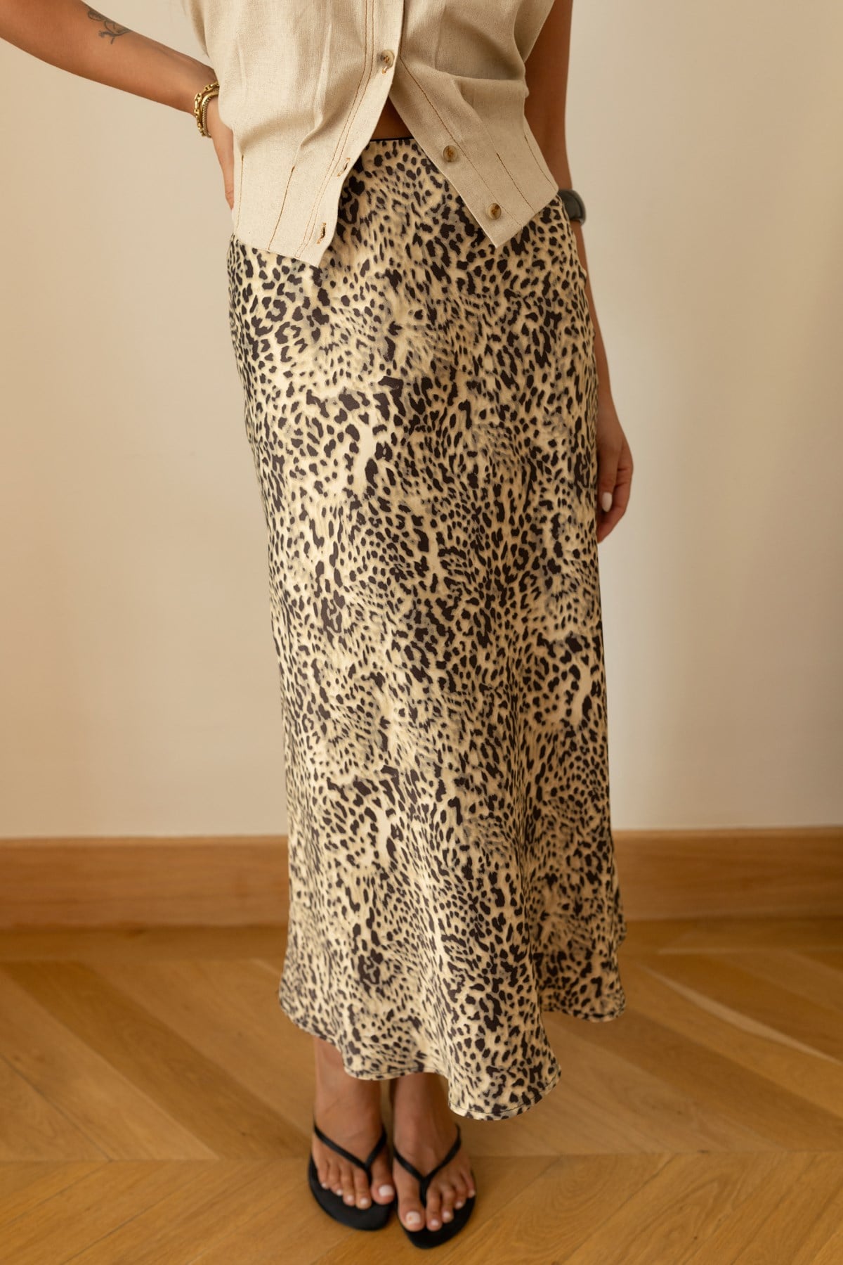 Leopar Beli Lastikli Leopar Desenli Saten Etek