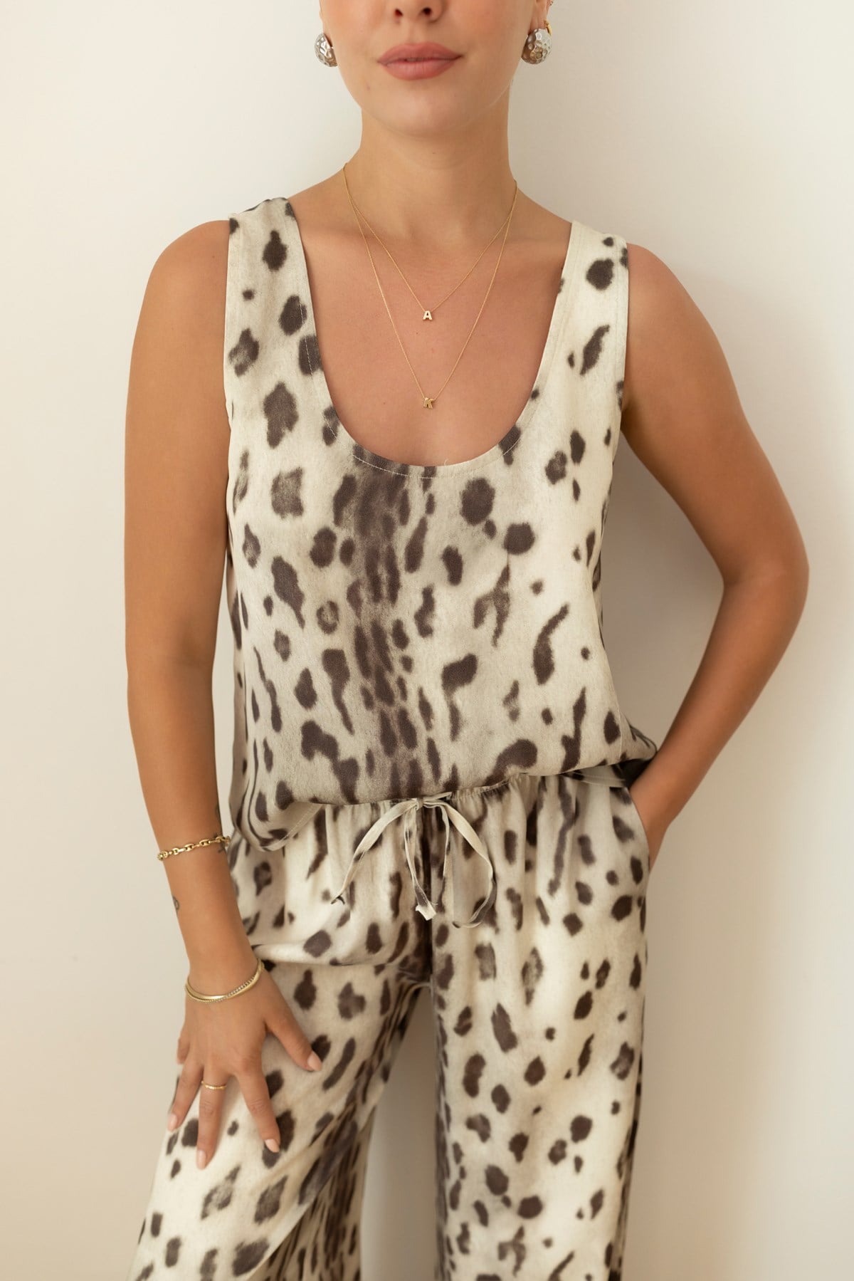 Leopar Leopar Desenli Saten Atlet Pantolon Takım