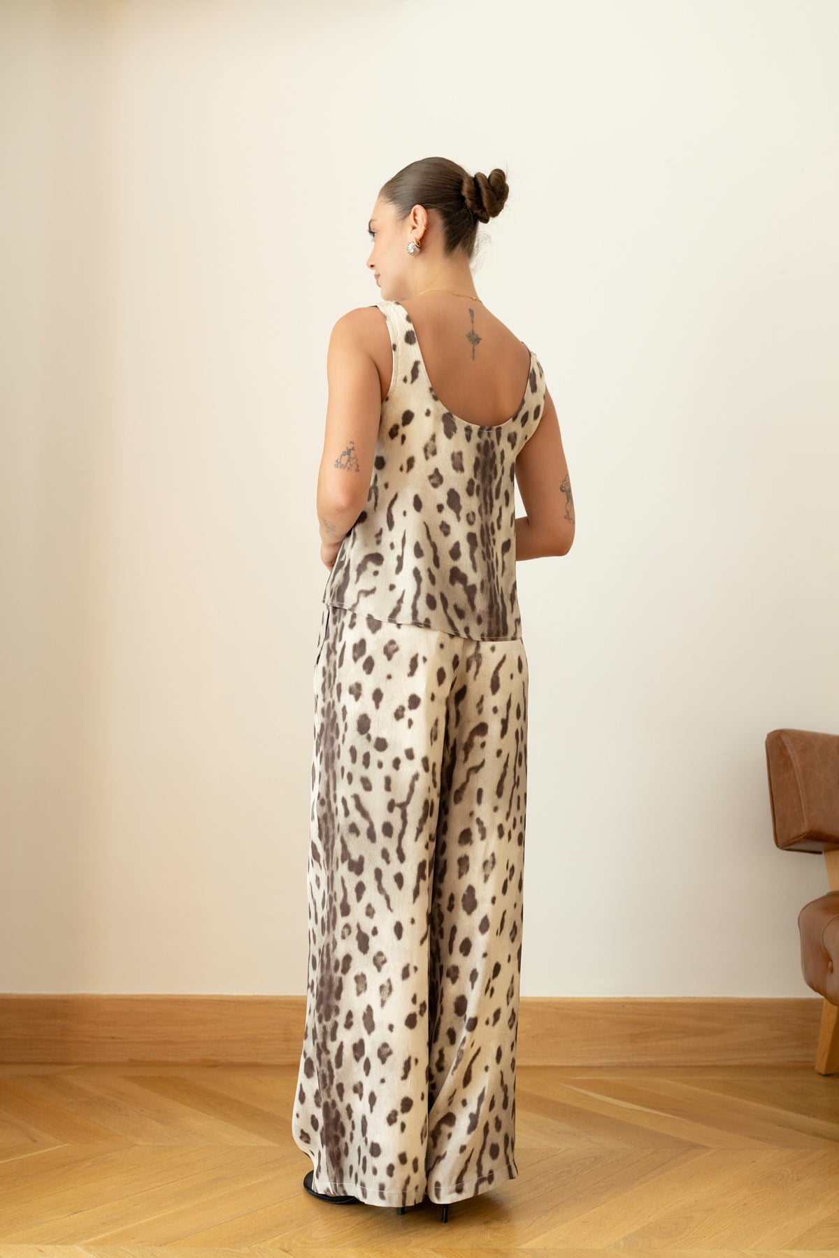 Leopar Leopar Desenli Saten Atlet Pantolon Takım