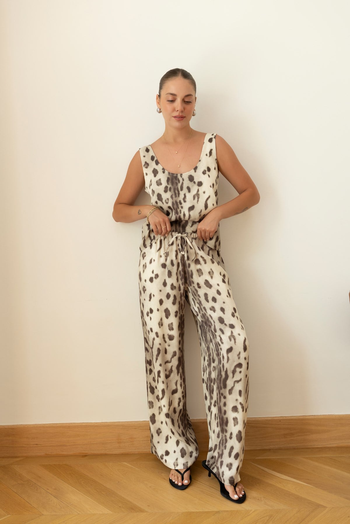 Leopar Leopar Desenli Saten Atlet Pantolon Takım