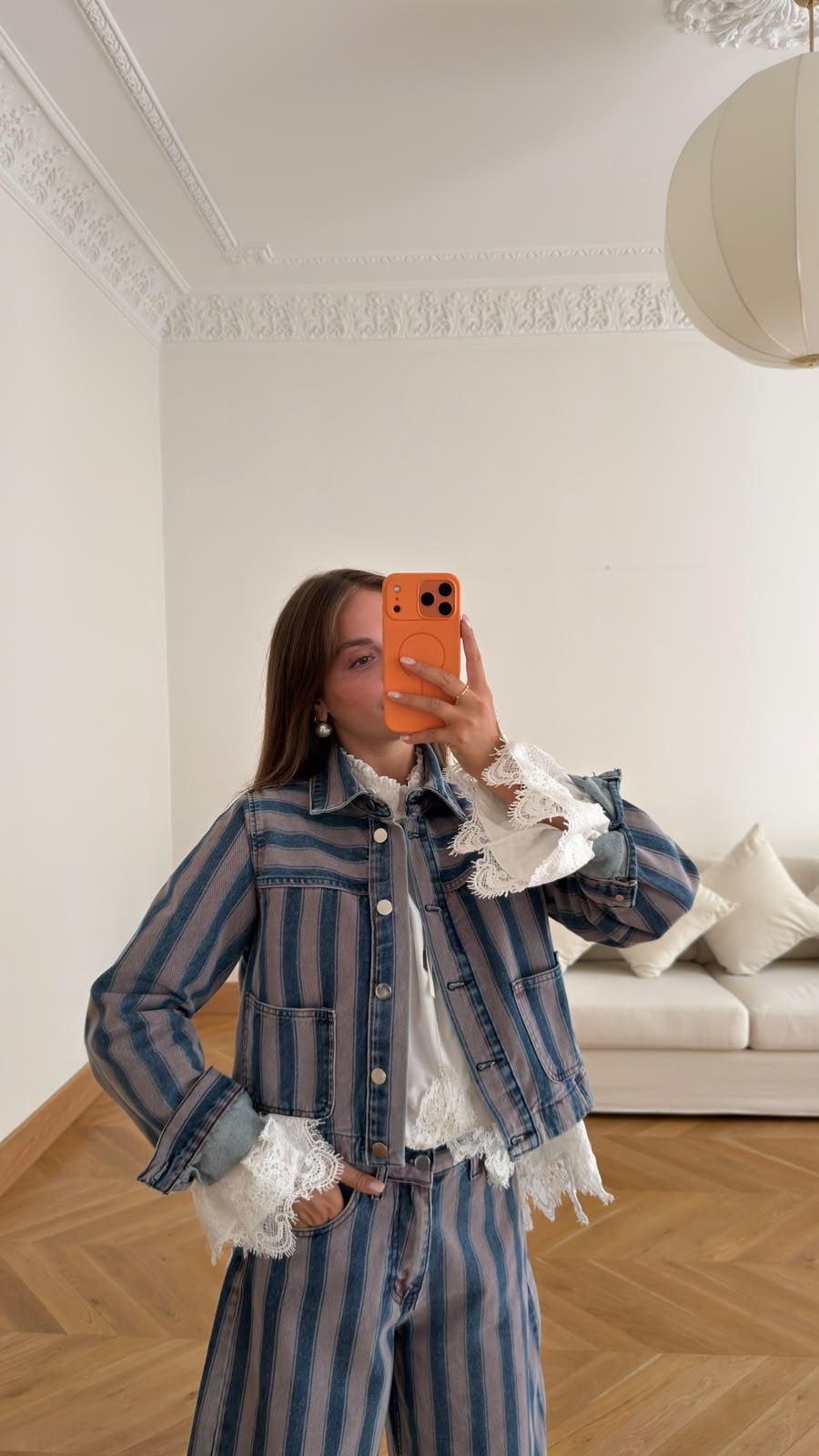 Lila Şeritli Önden Cepli Denim Ceket